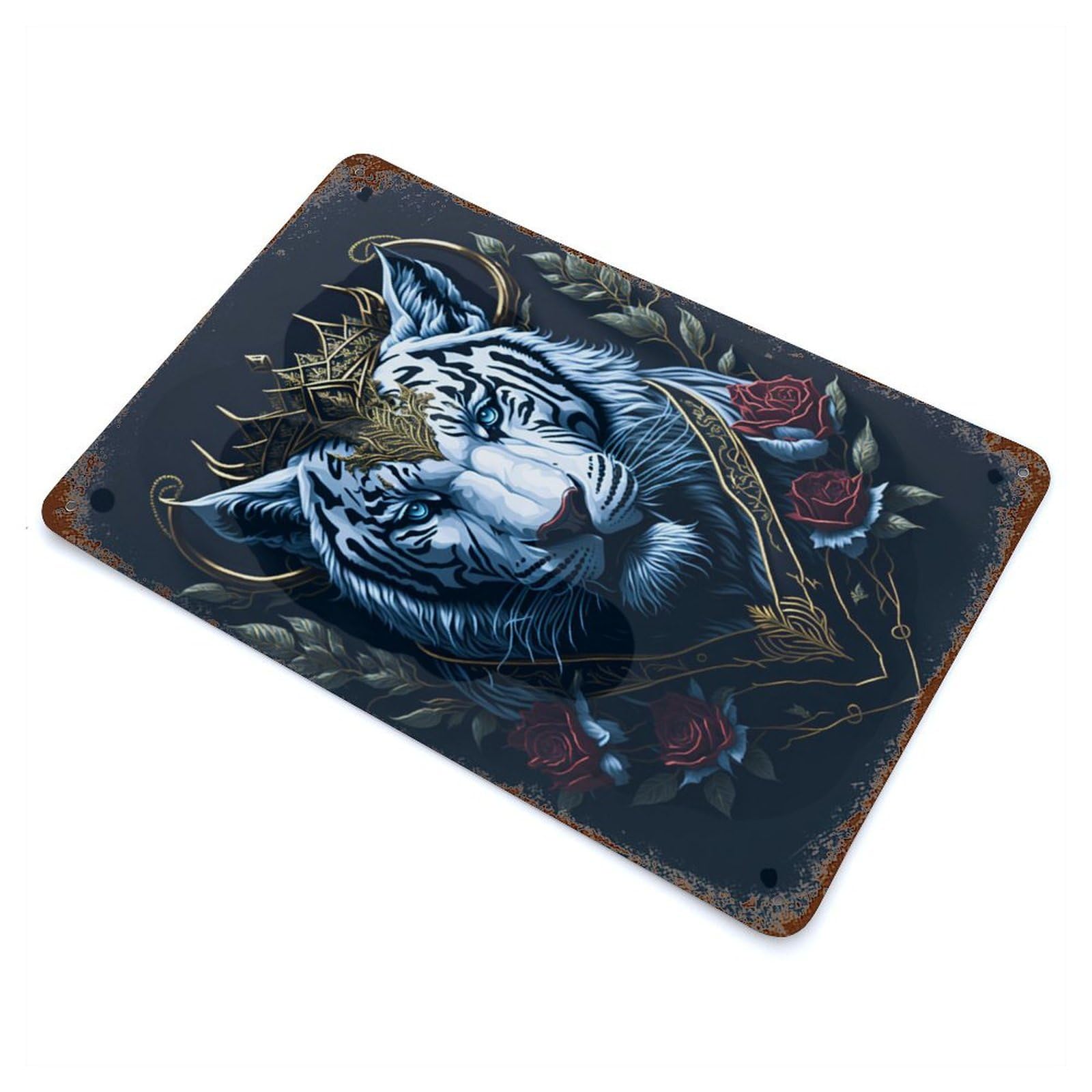 White Tiger Portrait Rustic Tin Plaque 11.8"x7.9", for Shed, Workshop And Garage Wall Decor, Rustic Home Decor