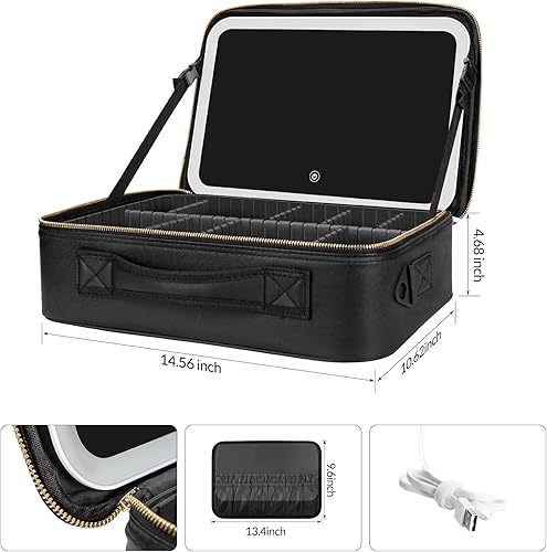 Miniatura 2 de Estuche de maquillaje grande de 14.6 x 10.3 pulgadas, color negro con espejo iluminado, bolsa de maquillaje profesional de viaje con luz LED, 3