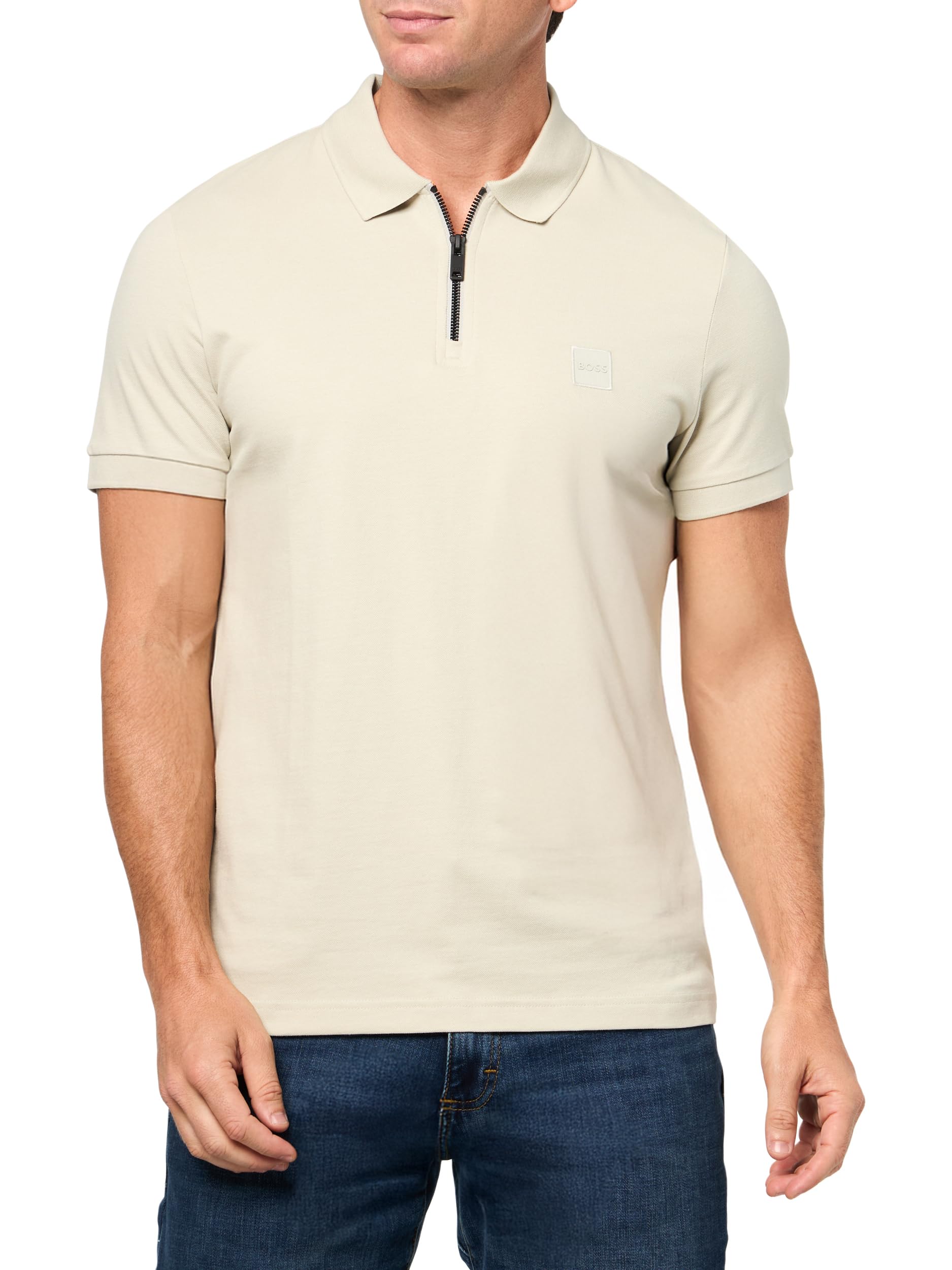 

                                                    BOSS, Patch Logo Zip Up Polo Shirt, Peyote Beige, 