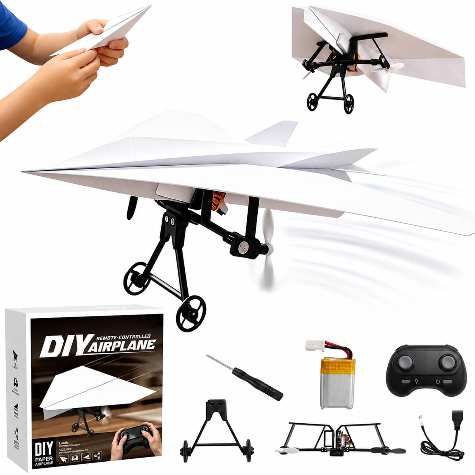 DIY Rc Paper Airplane Kit, Power-Up Rc Paper Airplane Kit with Gyro Stabilizer, Electric Remote Control Plane with Dual Propellers, 2.4GHz Control For Beginners，Single Battery