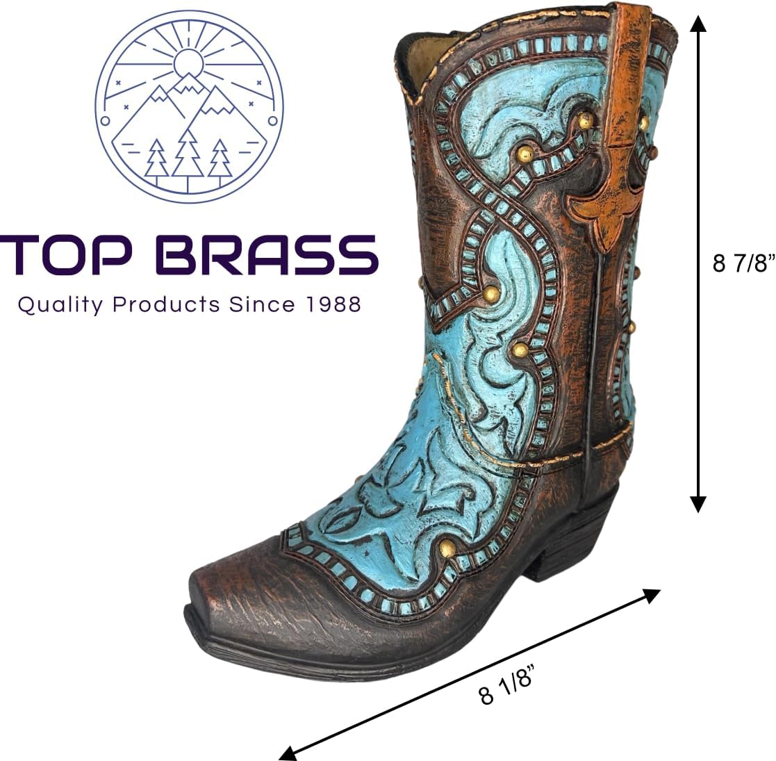 Cowboy Boot Flower Vase – 8 7/8” Tall with Tooled Leather Details and Teal Blue Accents – Decorative Modern Rustic Western Décor – Floral or Stand-Alone Decoration