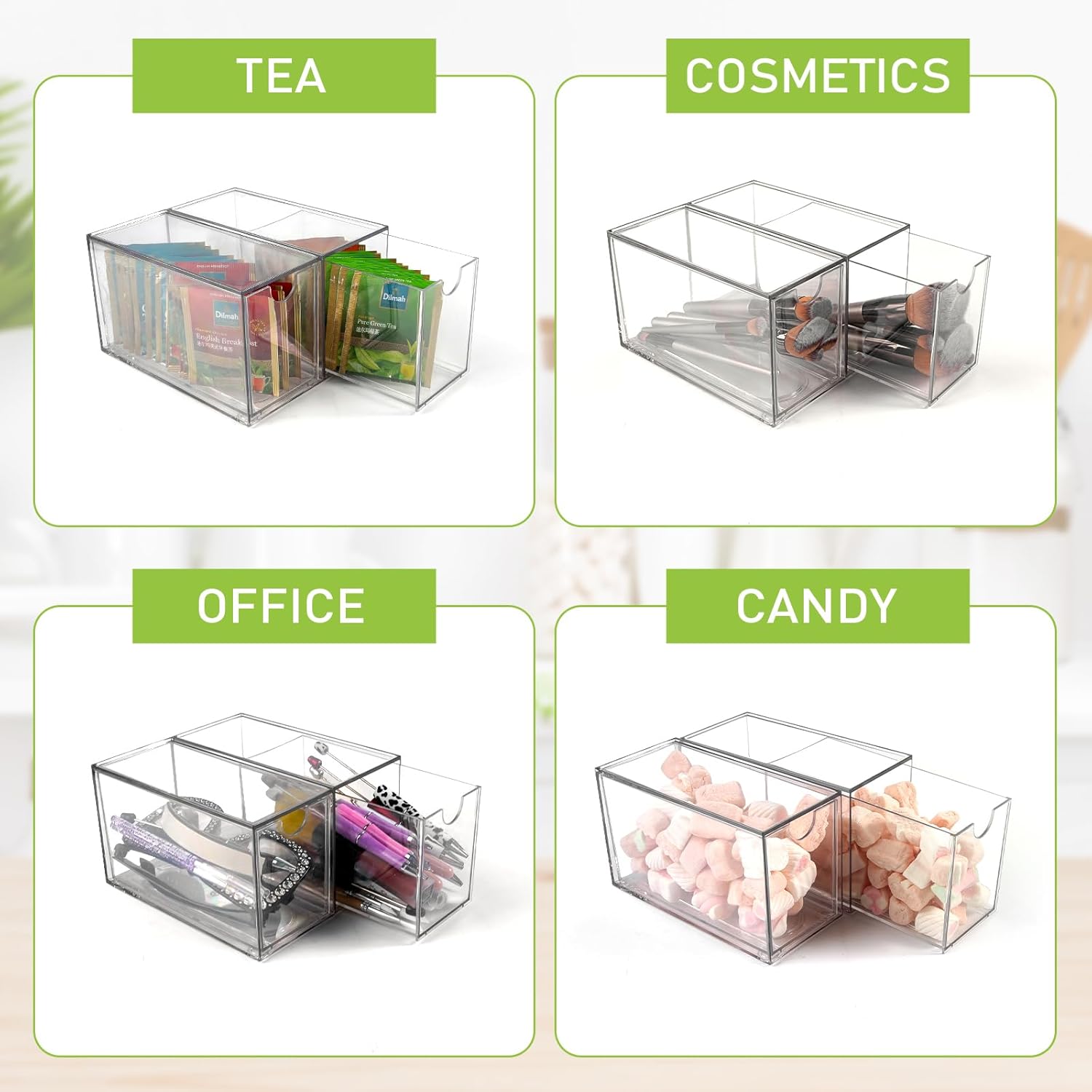 Ettrick 6 Pack Stackable Tea Bag Organizer, Clear Acrylic Tea Bag Drawer for Drawer, Pantry, Kitchen, Cabinet, Countertop