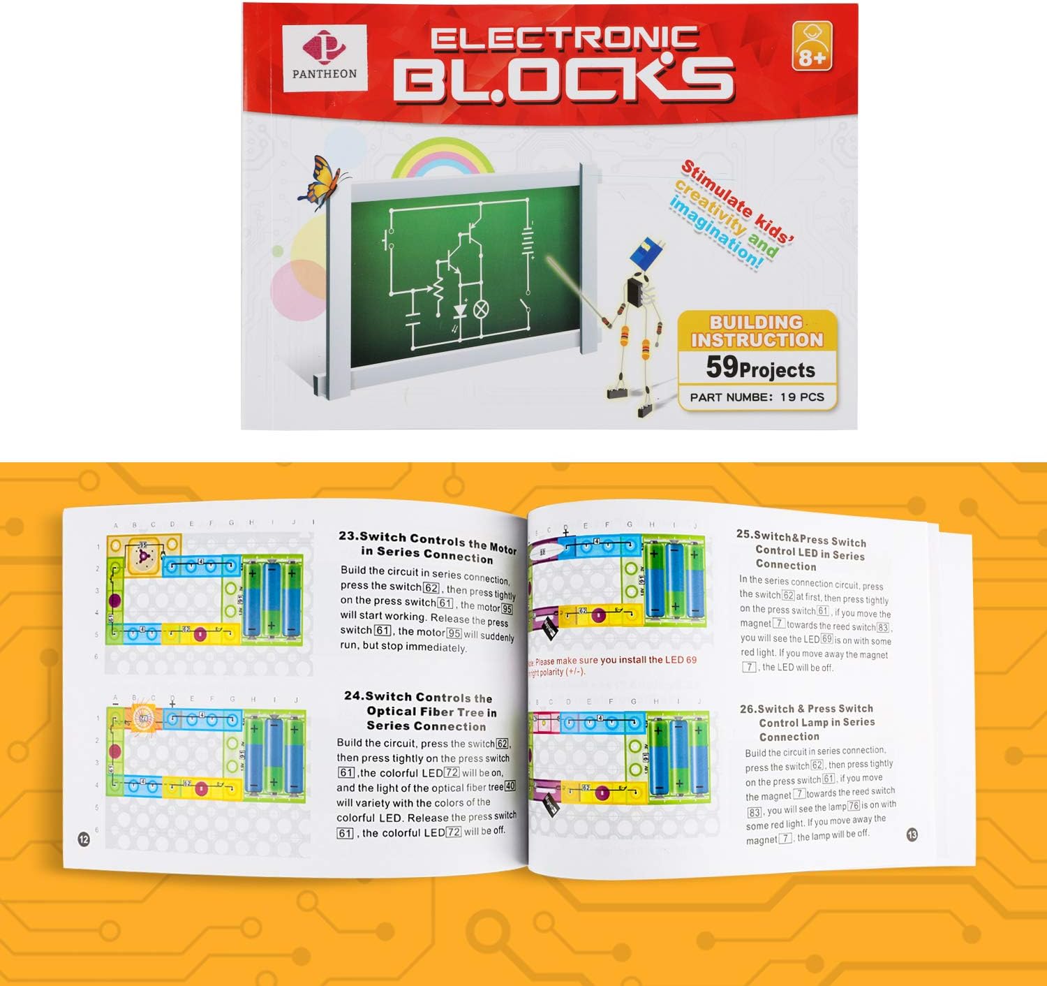 Pantheon Circuit Kit with Lighted Bricks Magnets 59 Different Projects in 1, Best STEM Educational Gift for Boys and Girls Ages 6-14, Science Experiment Kit w Electronic Blocks, Circuits for Kids