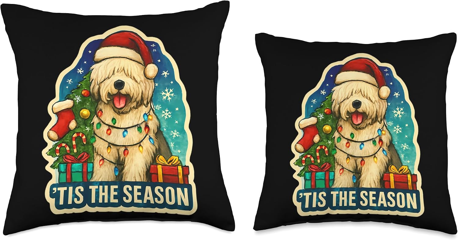 Tis The Season Old English Sheepdog Dog Merry Christmas Xmas Throw Pillow