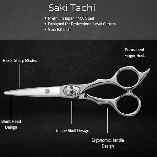 Miniatura 8 de Saki Tachi - Tijeras de peluquería con tornillo de calavera, tijeras profesionales de peluquería de 6 pulgadas para hombres, acero japonés