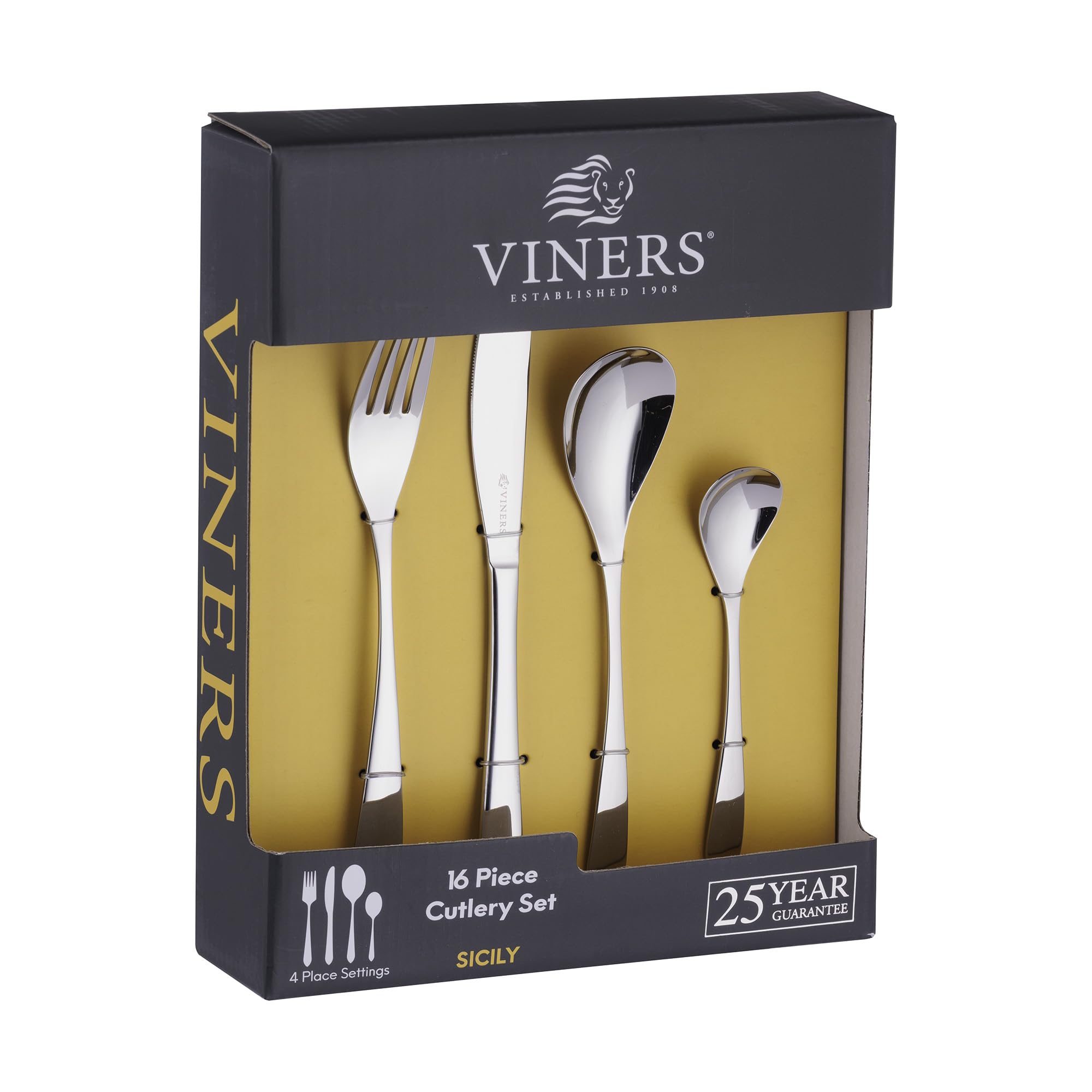 Viners Sicily 16 Piece Cutlery Set |18/0 Stainless Steel | Teardrop Spoon Shape, Mirror Polish | Serves 4 | Dishwasher Safe