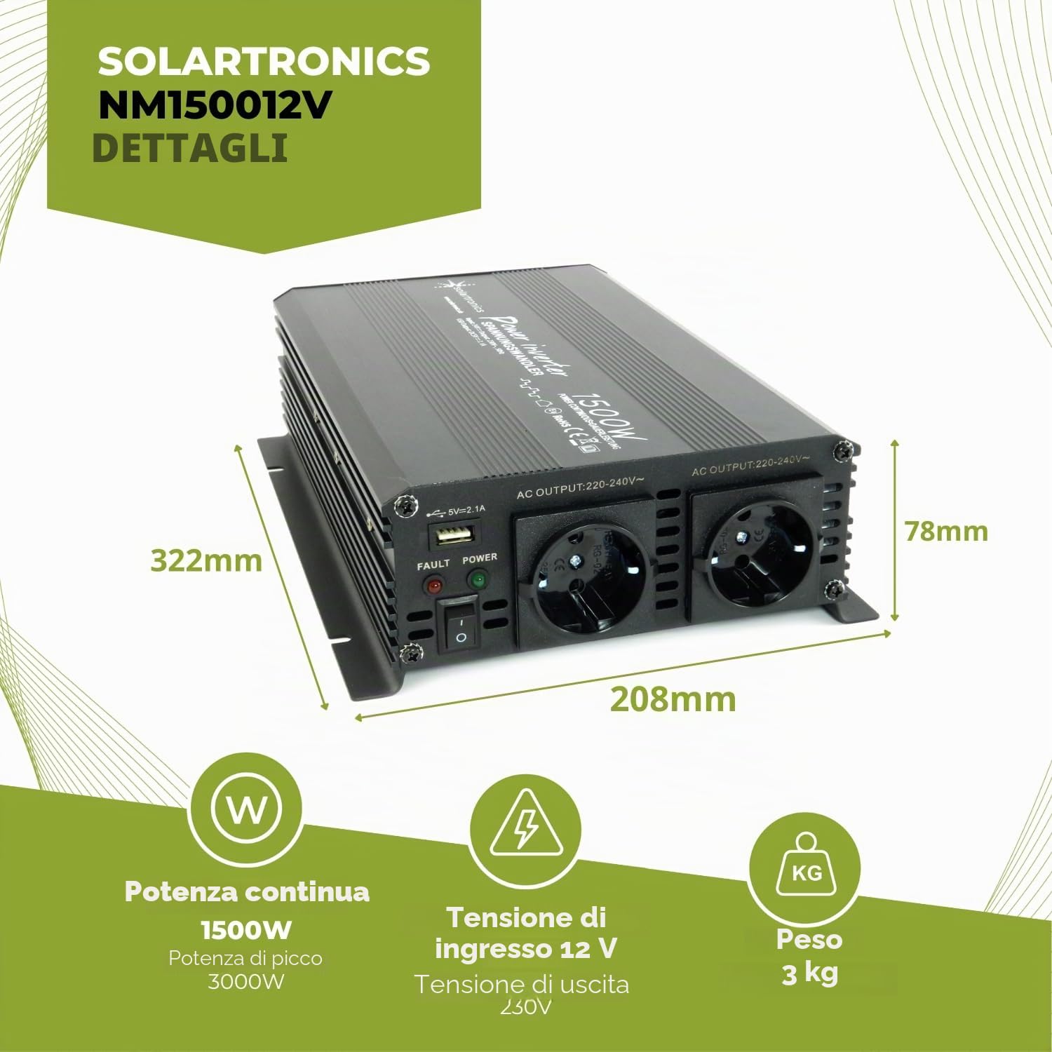 SOLARTRONICS Trasformatore di tensione NM1500, 12 V, 1500 Watt, nero, potenza di picco 3000 Watt, inverter da 12 V a 230 V, compatibile con batteria LiFePO4, al litio, al piombo o AGM, con porta