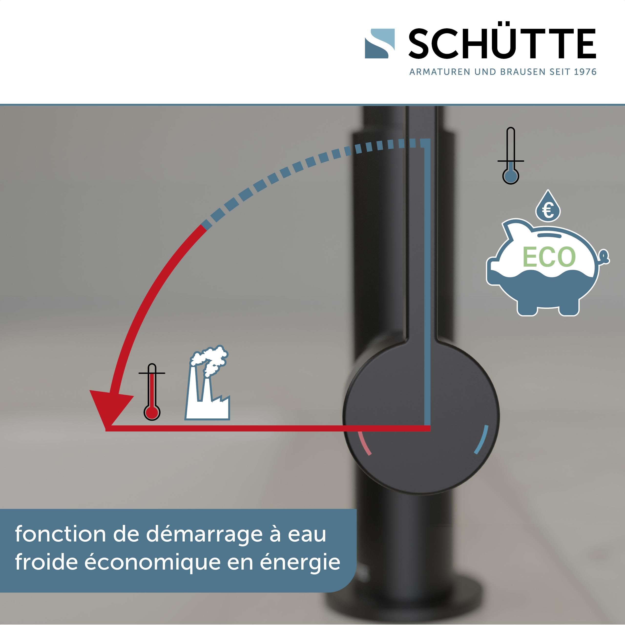 Schütte Glasgow Robinet de Cuisine Flexible - Eco-Click, Pivotant 360° | Robinet mitigeur cuisine noir, tuyau robinet doux au toucher, démarrage à froid économe, kit de montage inclus
