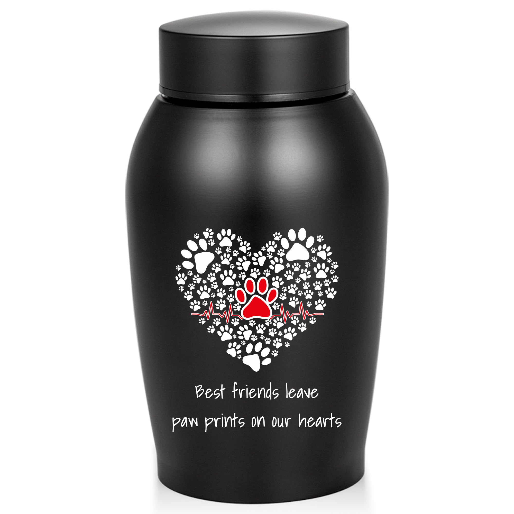 Gredstar Paw Print Heart Pet Urn for Ashes - Black Memorial Keepsake with ECG Dog Paw & Best Friends Quote - Stainless Steel Pet Memorial for Dog or Cat, Holds Up to 50 lbs โ image 1