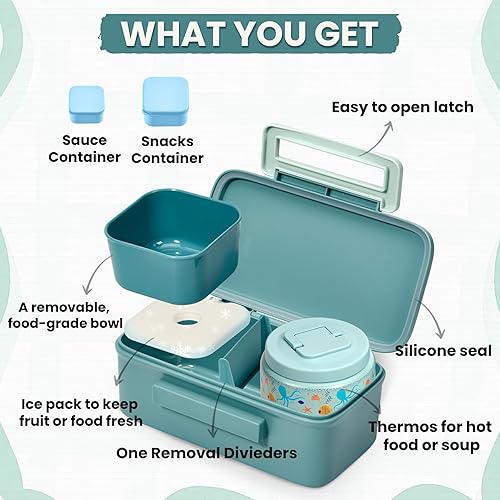 Miniatura 2 de PIQUEBAR Lonchera Bento para niños con bolsa de hielo térmico, bolsa aislada, botella de agua deportiva de plástico de 18 onzas para niños, niñas y