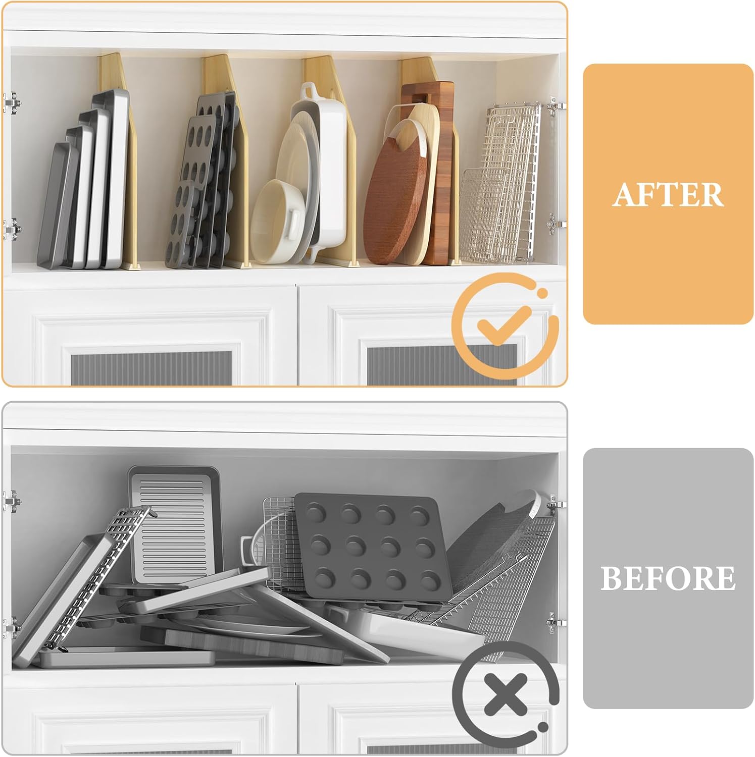 4 Pack Wood Tray Dividers for Cabinet, Cookie Sheet Organizer for Cabinets, No-Cut Kitchen Cabinet Dividers, Cookie Trays for Kitchen, Utility Rooms, Pantry Storage - Image 5