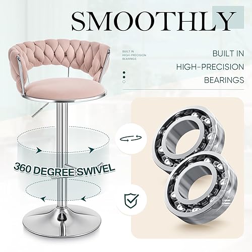 Miniatura 7 de Juego de 4 taburetes de bar de terciopelo dorado, taburetes de bar giratorios de 360 con respaldo, taburetes tapizados de altura ajustable para isla