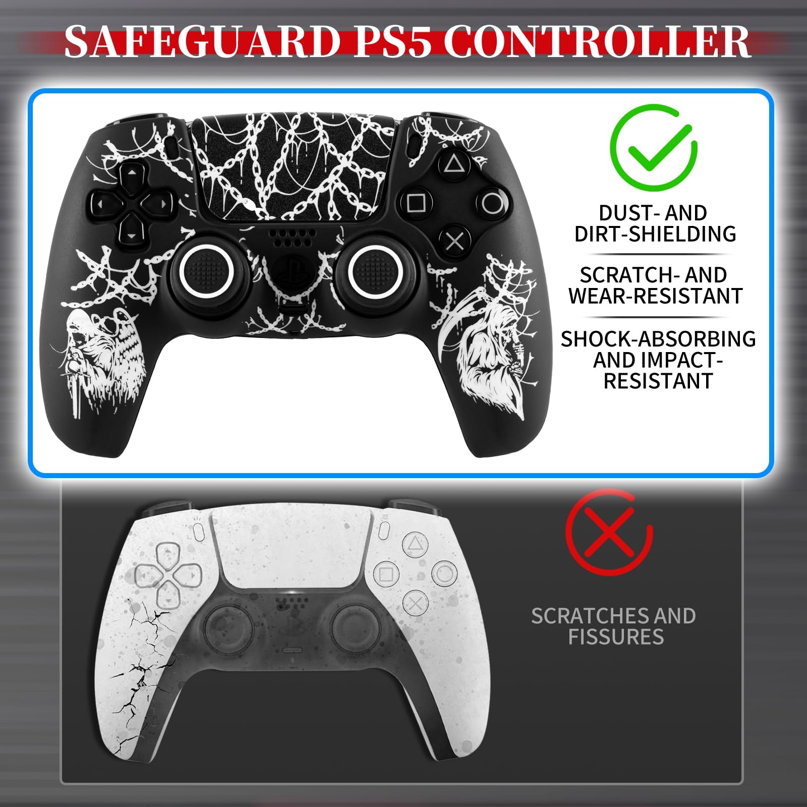Coque en silicone antidérapante pour manette PS5 avec 2 capuchons de joystick et 1 autocollant Michael et Reaper