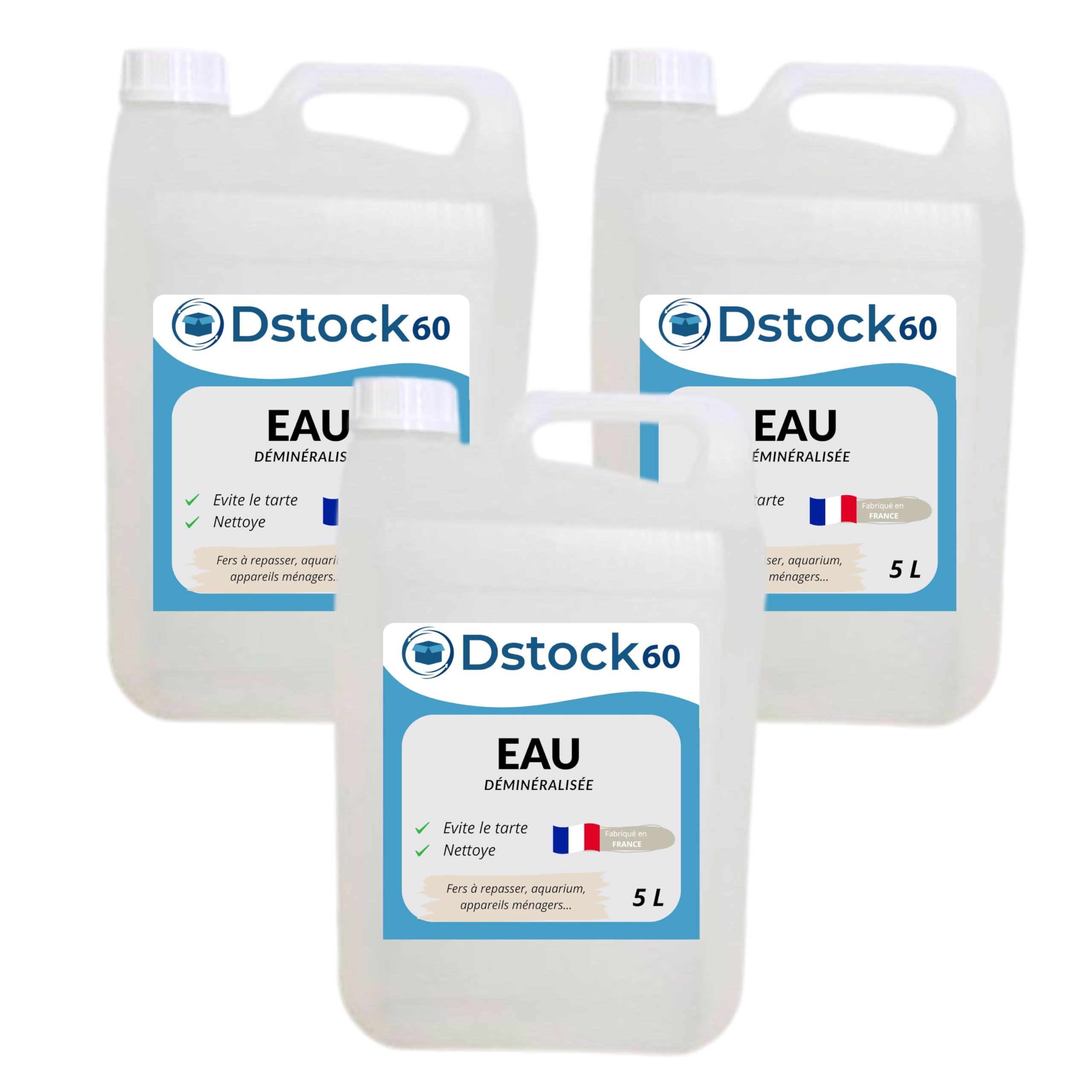 DSTOCK60 - Eau déminéralisée 5L – Fabrication Française – Haute Pureté pour Fer à Repasser, Batterie, Nettoyage, Vapeur, Aquarium – Qualité Premium - 3 bidons