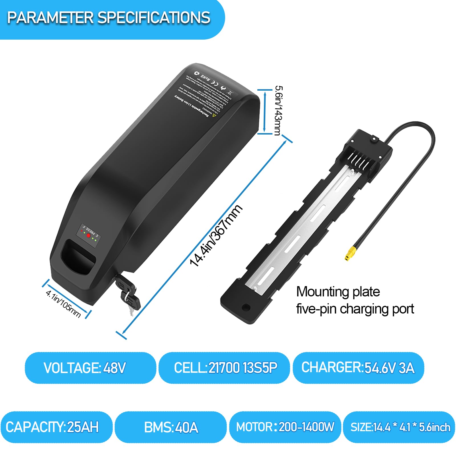 48V Ebike-accu 8Ah 10Ah 12Ah 15Ah 20Ah 25Ah 30Ah Elektrische fietsaccu Lithium-ionfietsaccu met lader, connector voor 100W-1000W-motor 48V, 25Ah