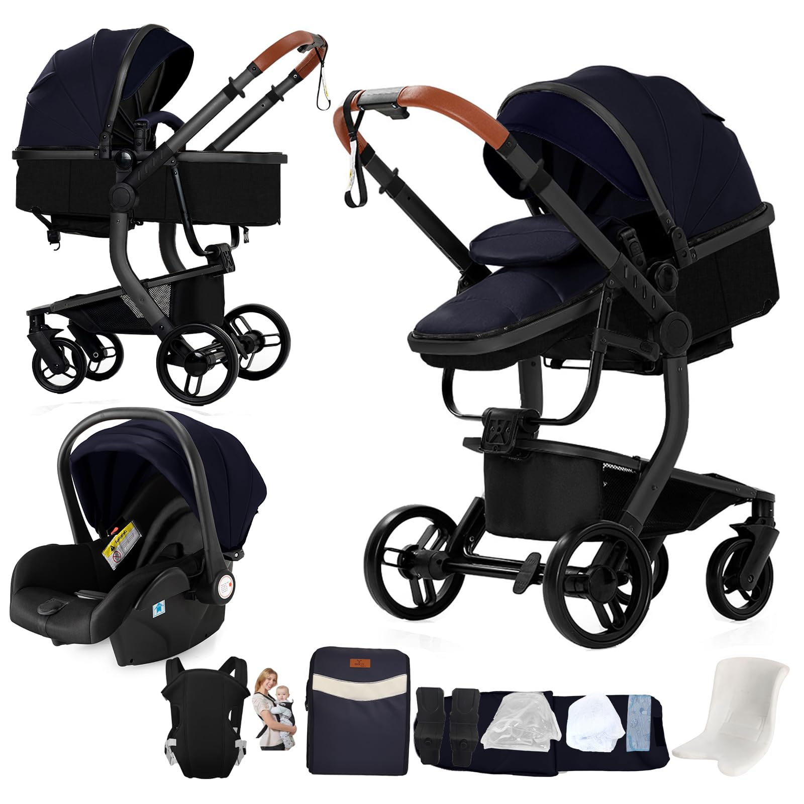 Poussette 3 en 1 Cuir PU Cadre Alliage Aluminium Pliable L518 Black Blue