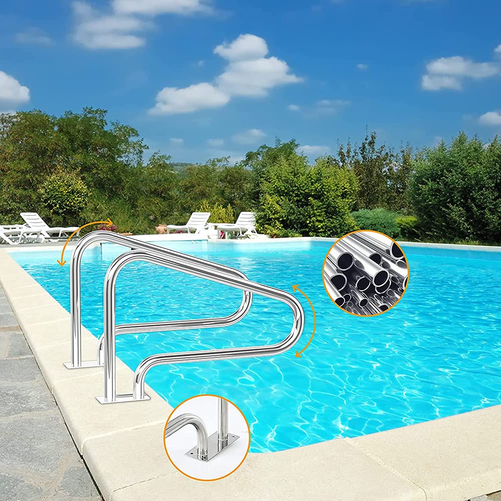 AnatUm Pasamanos de Acero Inoxidable para entradas de Piscinas enterradas, pasamanos de Escalera de Piscina al Aire Libre de 3 Curvas con Placa Inferior de liberación rápida (80 × 80 cm)
