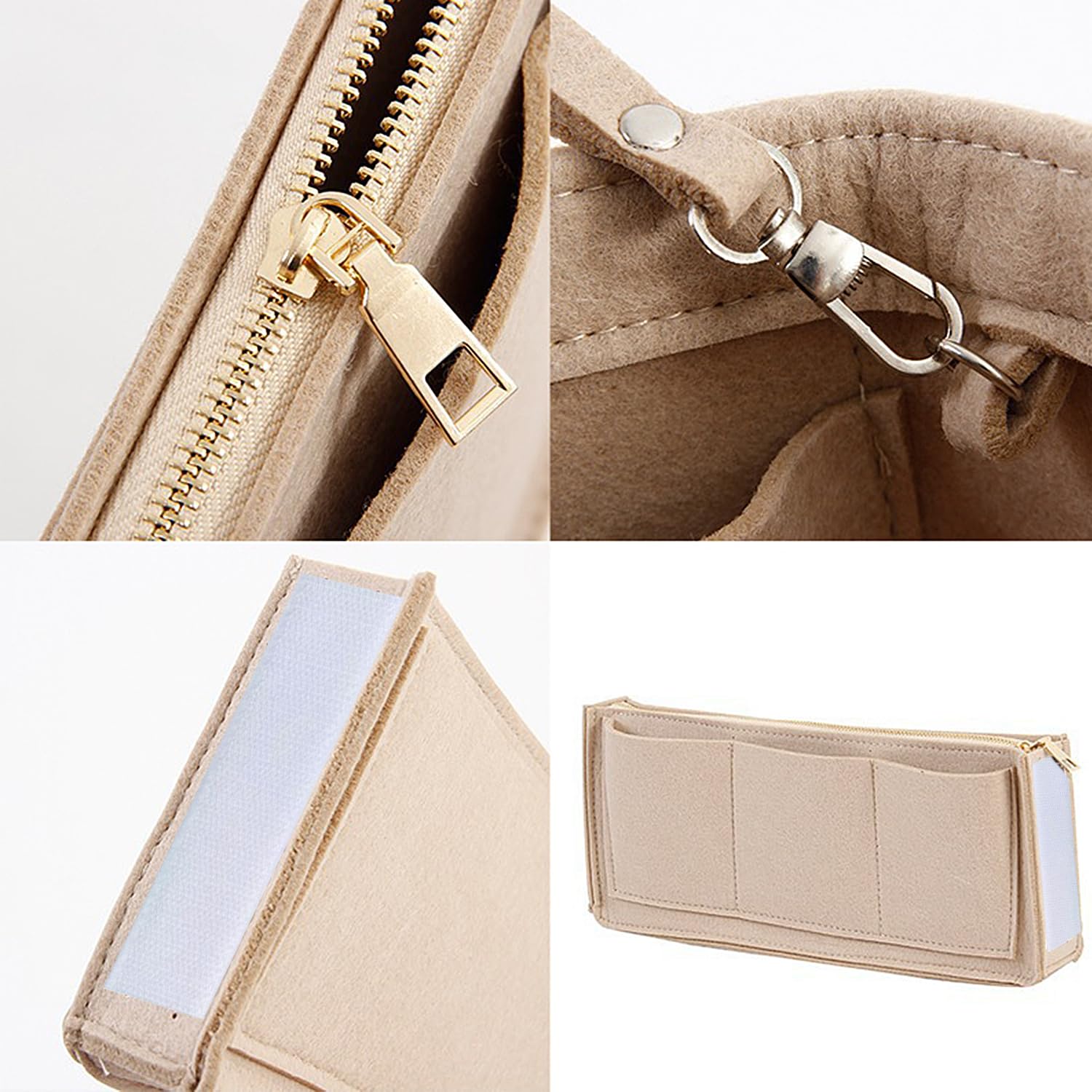 1 filcowa torba z 1 filcowym portfelem, organizer do torebki, zdejmowana kosmetyczka, kosmetyczka z zamkiem błyskawicznym, dla kobiet (beżowa)