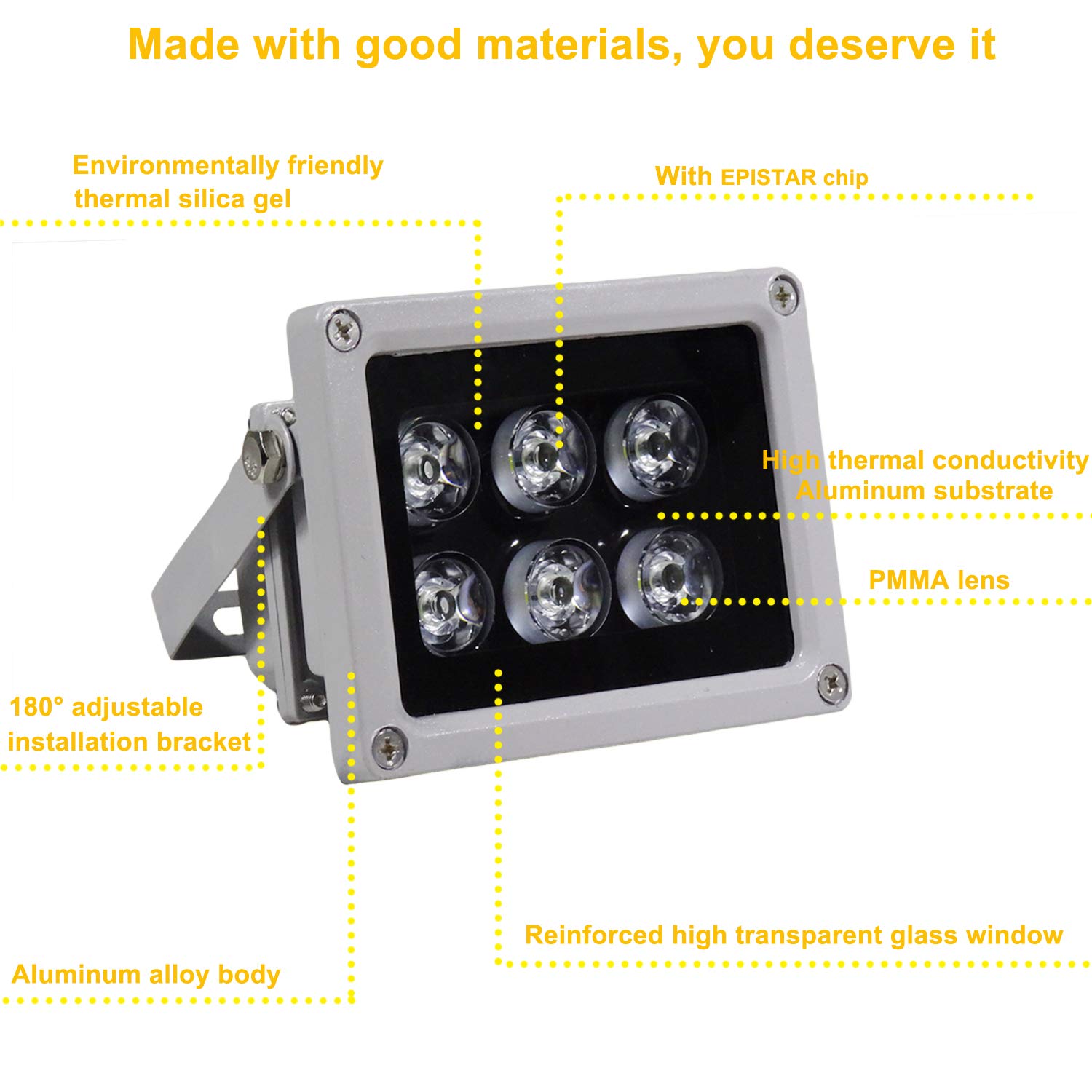 Oświetlacz podczerwieni, 850 nm, 6 diod LED, szerokokątny, IP67, wodoodporny, noktowizyjny, LED, światło podczerwone z zasilaczem do kamery IP, CCTV, analogowa kamera monitorująca, 90 stopni