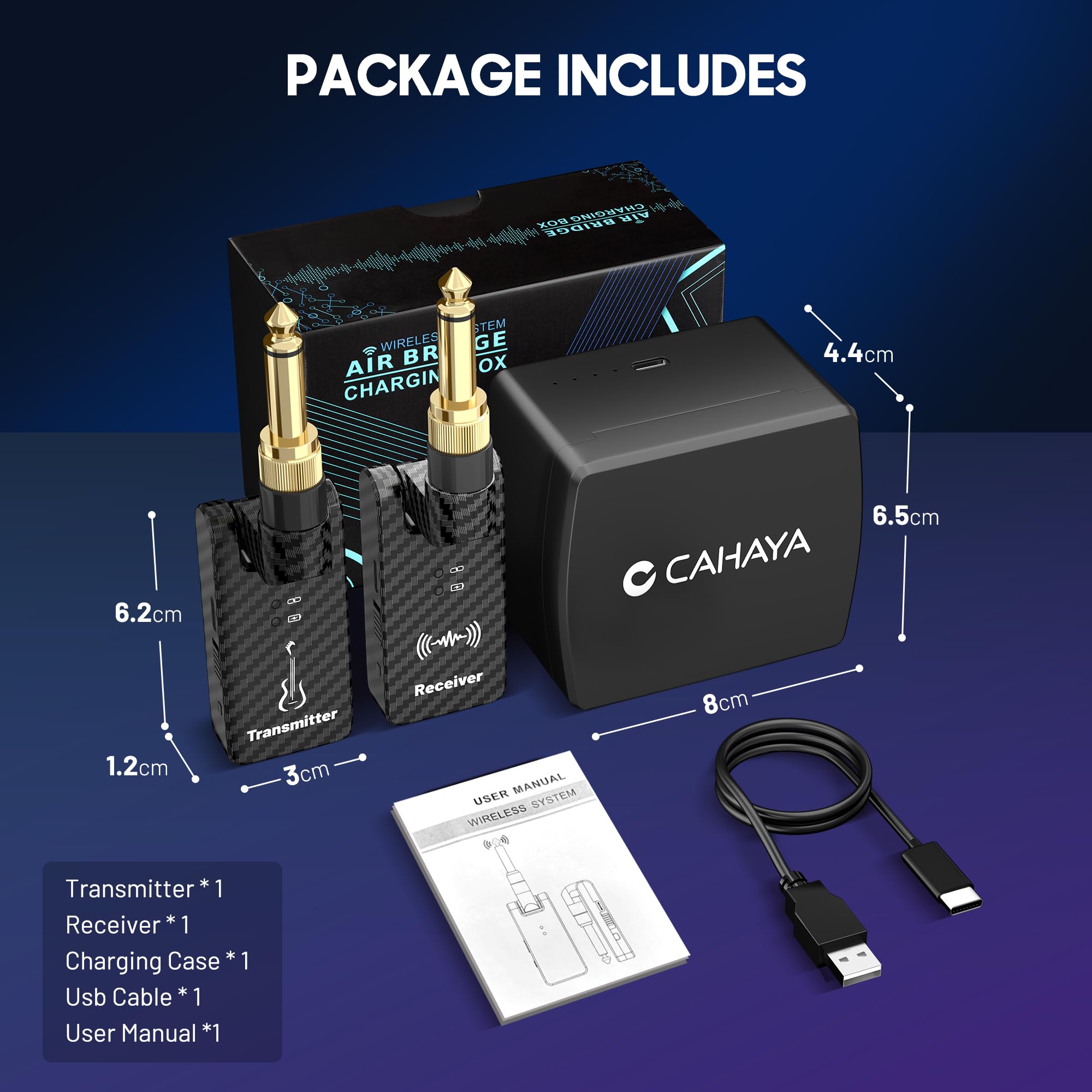 CAHAYA Sistema di Chitarra Senza Fili: Fibra di Carbonio con Custodia di Ricarica - Trasmettitore e Ricevitore per Chitarra Senza Fili 2,4 GHz Plug-and-Play Raggio d'Azione Esterno di 30 m - 4 Canali
