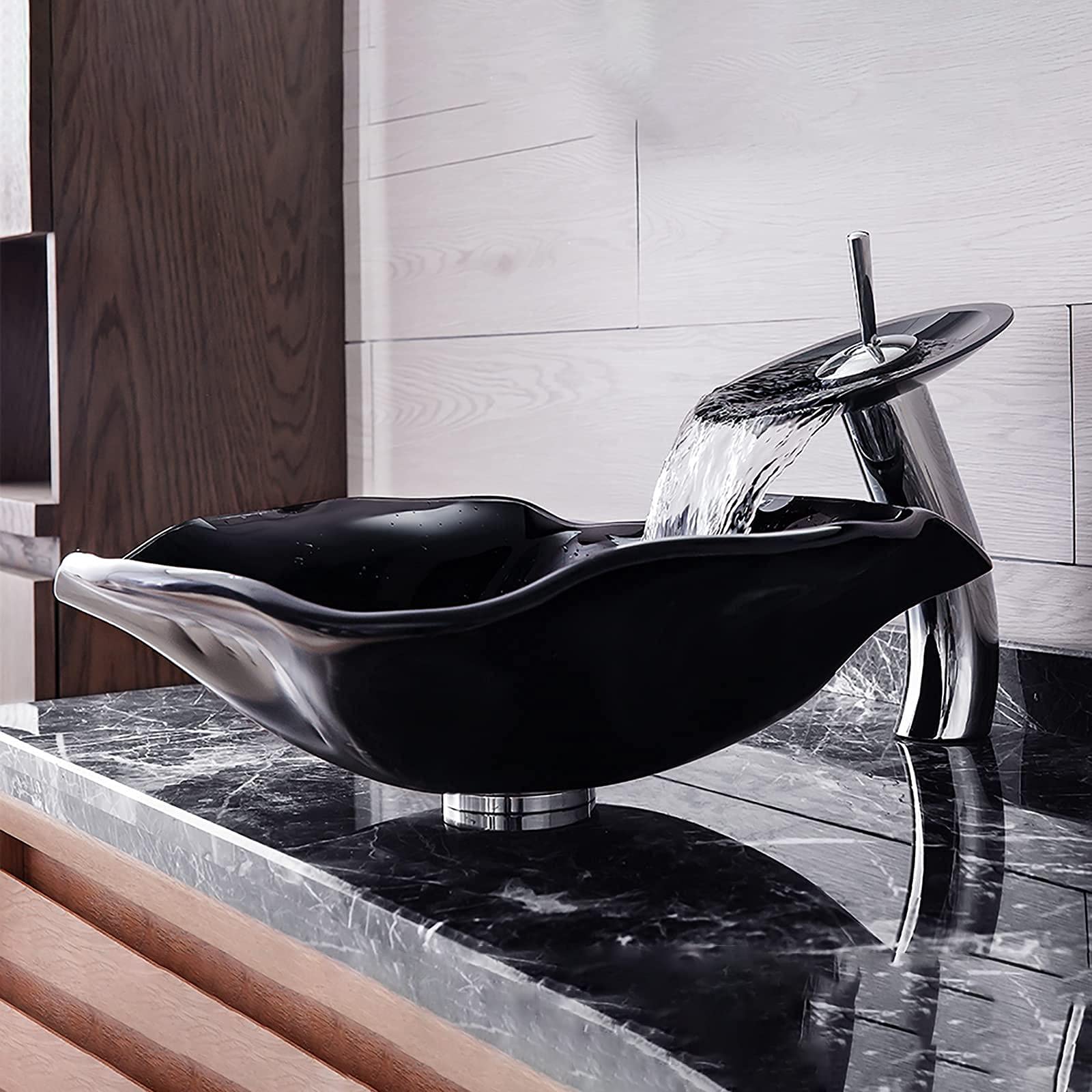 Fregadero de baño con combinación de Grifo y desagüe, Lavabo de contenedor, Lavabo sobre encimera de Vidrio Templado, Lavabo sobre encimera de Cuenco Negro de Forma Irregular