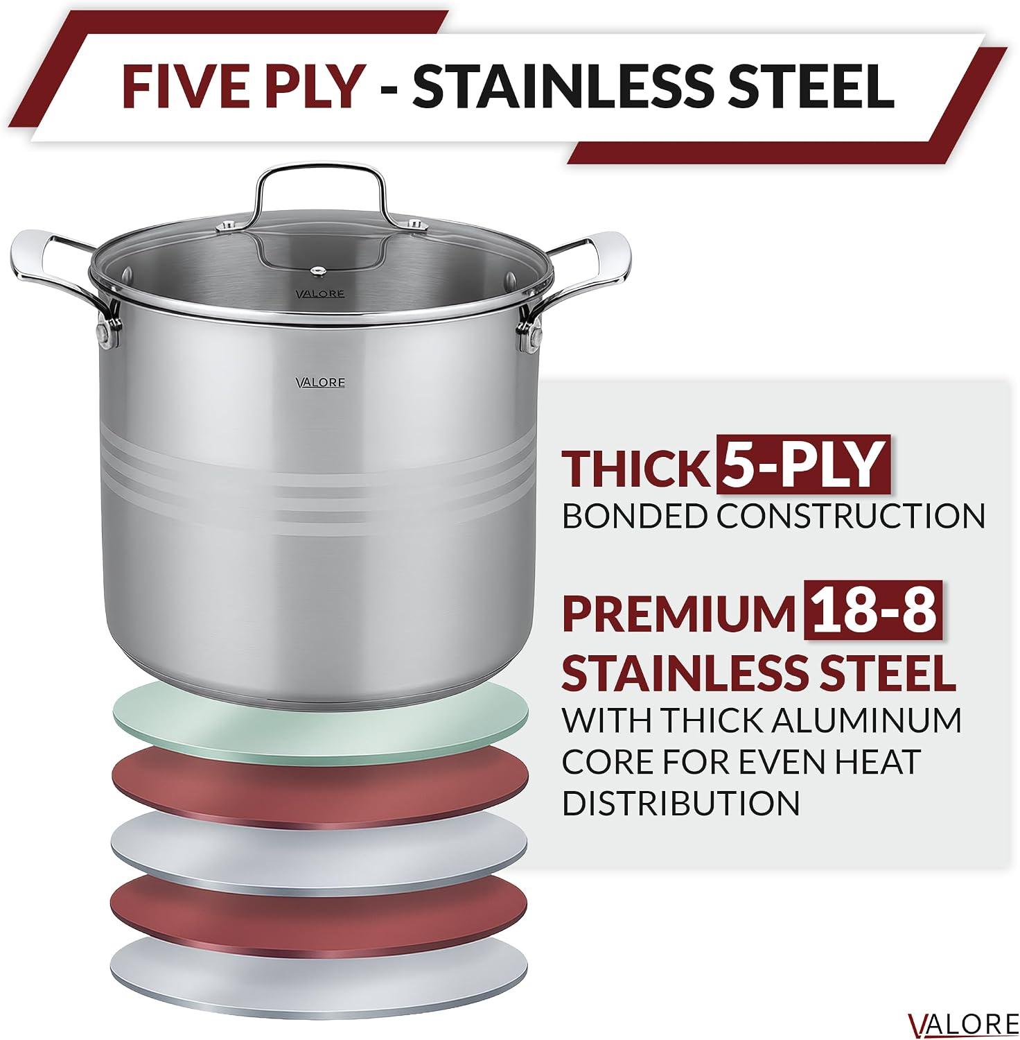 Valore 16 qt Stainless Steel Stock Pot with Lid & Canning Rack - 5-ply Soup Pot for Cooking & Canning - Heavy-Duty Large Canning Pot with Brushed Stainless Finish & Riveted Handles