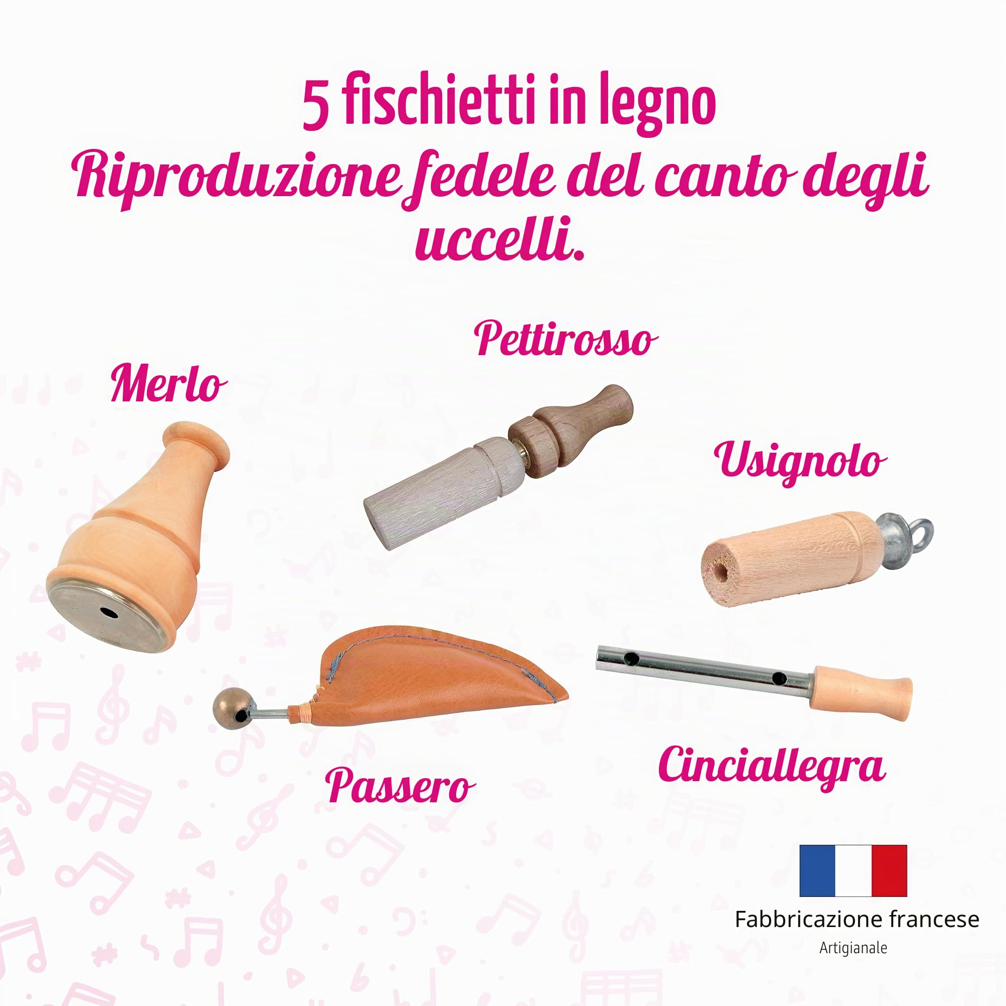 Fuzeau – Cofanetto 5 Appeaux Manuali - Legno Naturale Bosso e Faggio Vernice Alimentare – Suoni di Uccelli Autentici Gallina d'Acqua, Tordo, Passero, Rossignolo, Anatra – Da 4 Anni - Ref.78321