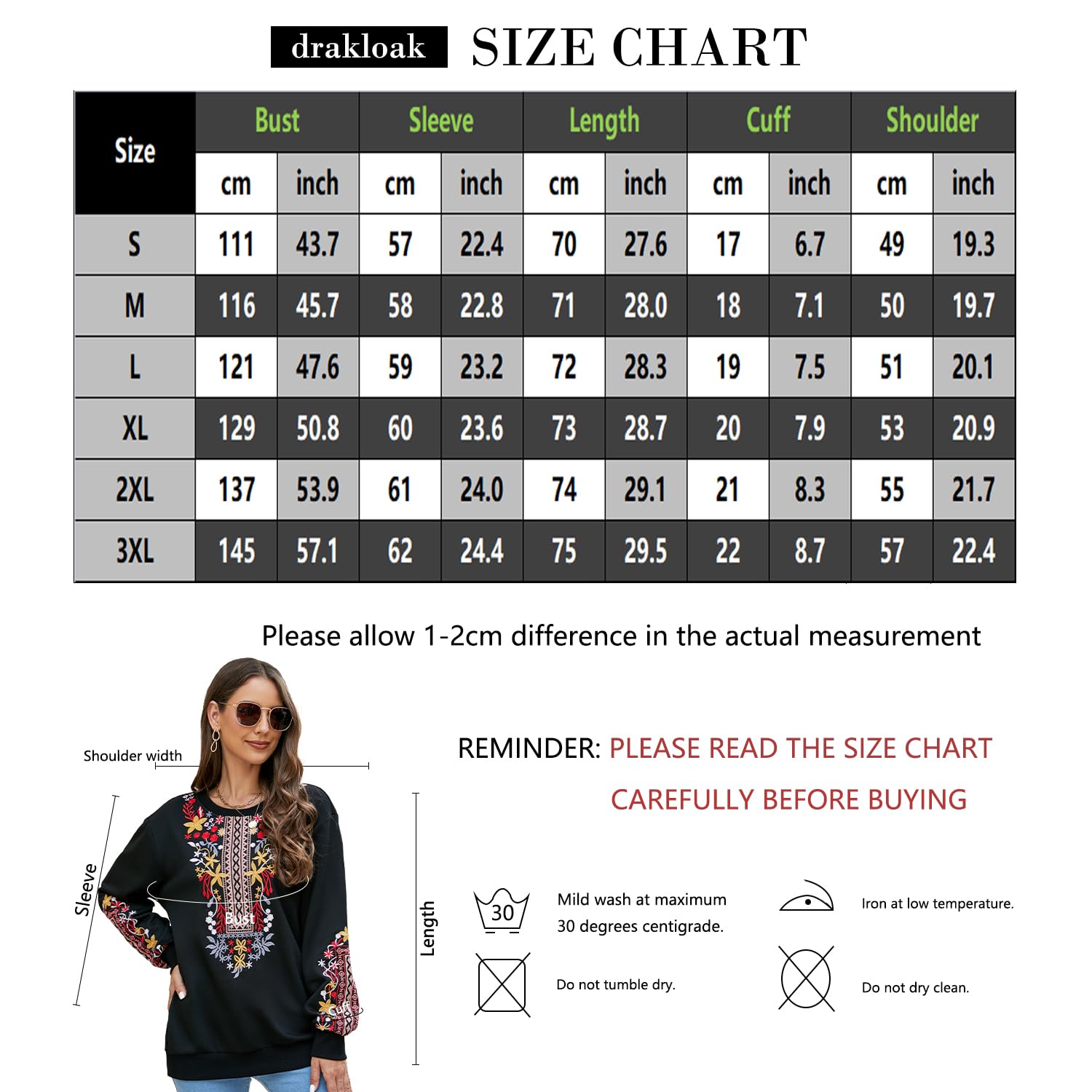 Damen Sweatshirt Langarm Winter Rundhals Pullover mit Stickerei Casual Oberteile Tops