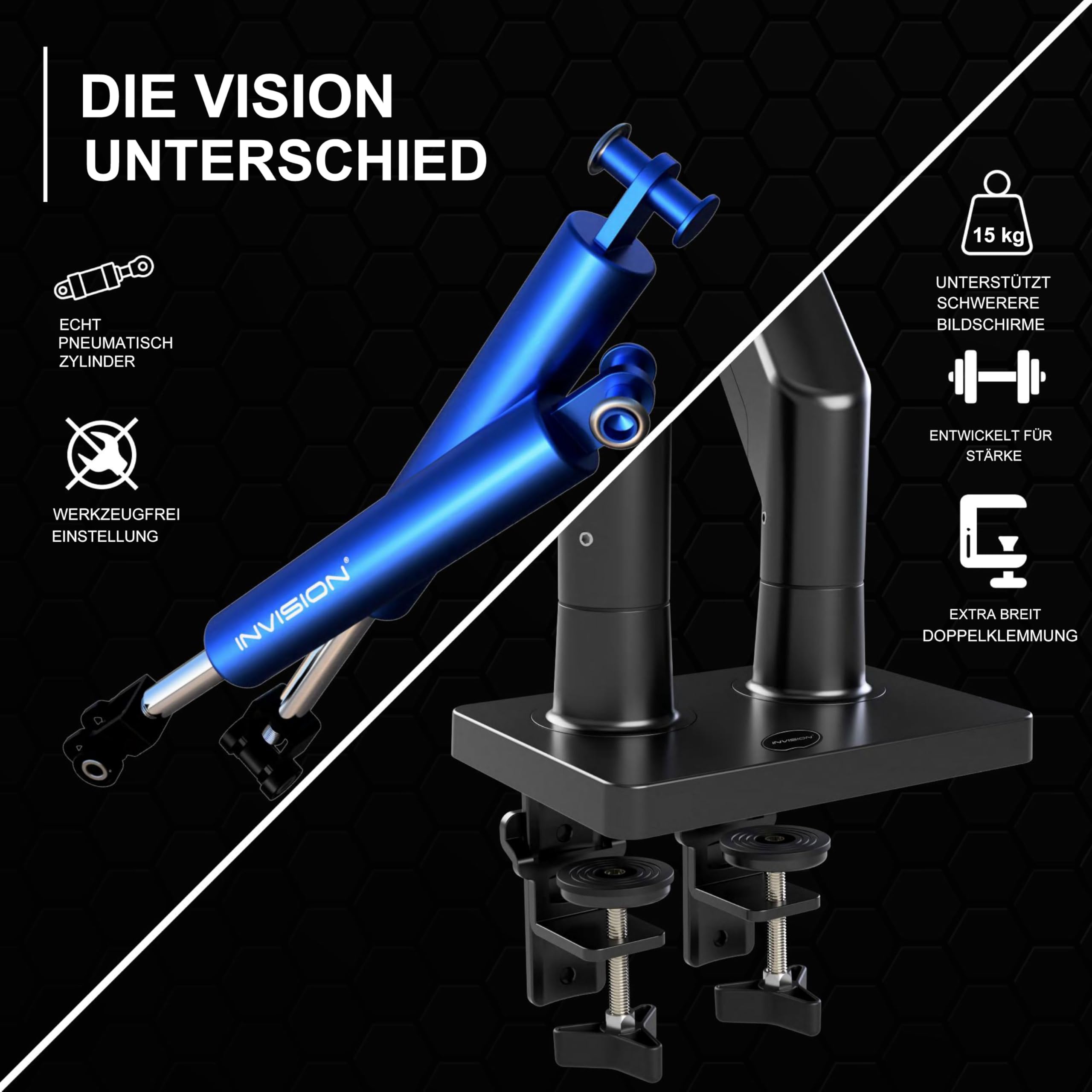 Invision Doppel-Monitorarm für Bildschirme von 24-35 Zoll, ergonomisch, höhenverstellbar (gasunterstützt), neigbar, drehbar und ausziehbar, VESA 75 mm und 100 mm, Gewicht 2 kg bis 15 kg (MX900)