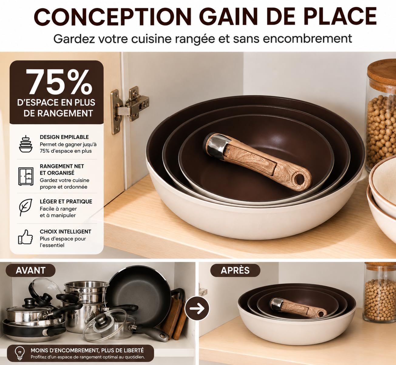Royal Swiss Lot de Poêles 4 Pièces Beige, 20/24/28 cm avec Manche Amovible, Revêtement Marbre Antiadhésif Sans PFAS PFOA, Induction Tous Feux, Compatible Four Sans Poignéec