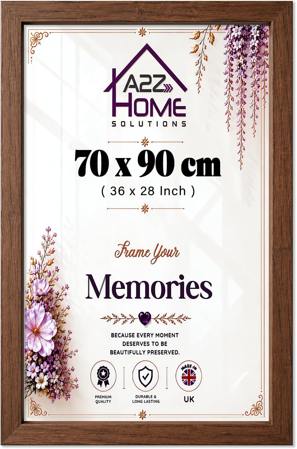 Wall Photo Frame Walnut 70x90 cm Frame With 80x60 cm Mount Picture Poster Print With Clear HD Perspex 30x15 MM Moulding Mounting Hooks MDF Backboard