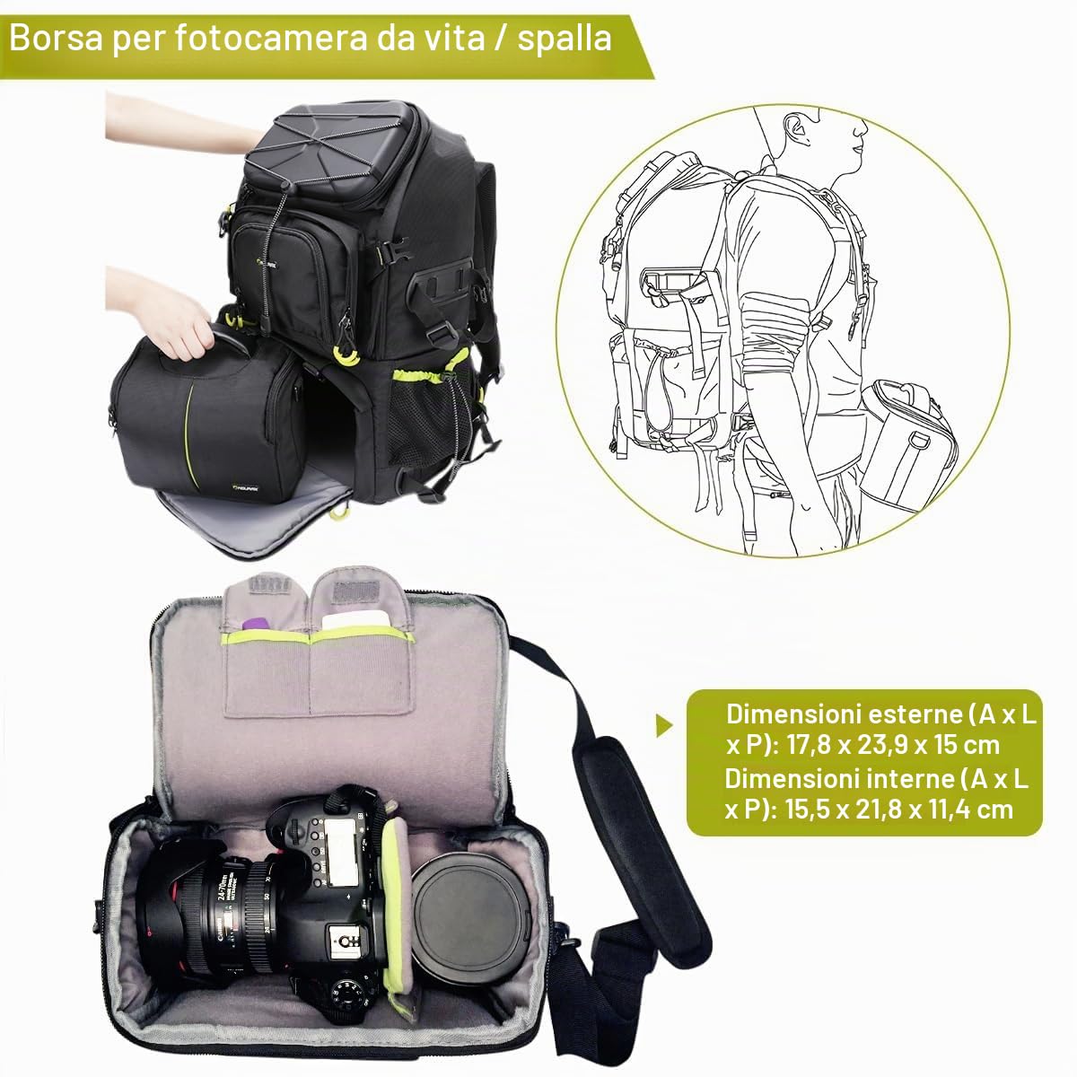 Endurax Zaino Fotografico Grande per PC 15,6 e 2 DSLR 4 Obiettivi Zaino Fotocamera Reflex Trekking Professionale