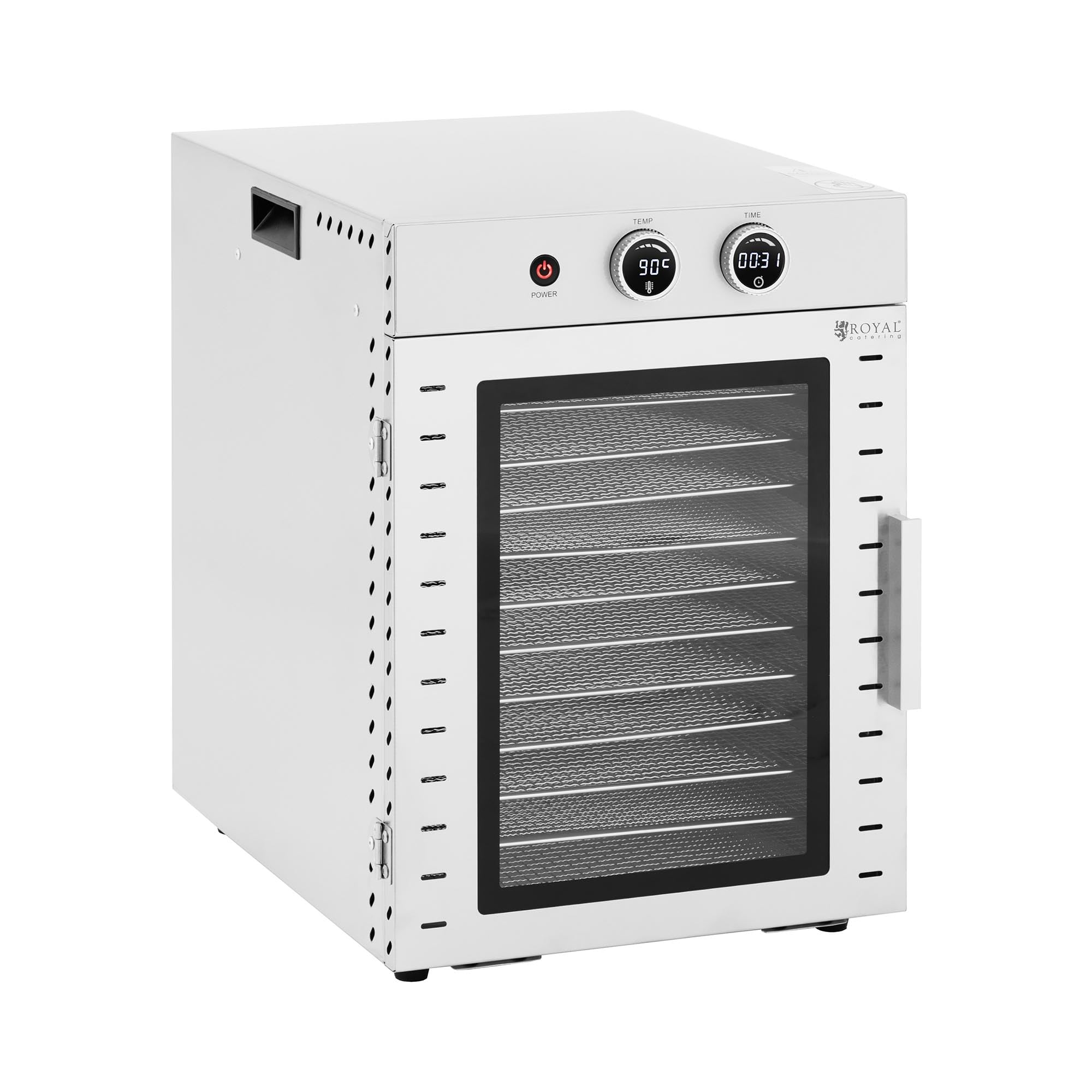 Royal Catering Déshydrateur automatique 1000 W 12 étages 40 l Minuteur jusqu'à 24 h 20-90 °C En acier inoxydable Pour bœuf Jerky Anneaux de pommes Tranches de légumes Herbes Déshydrateur de fruits