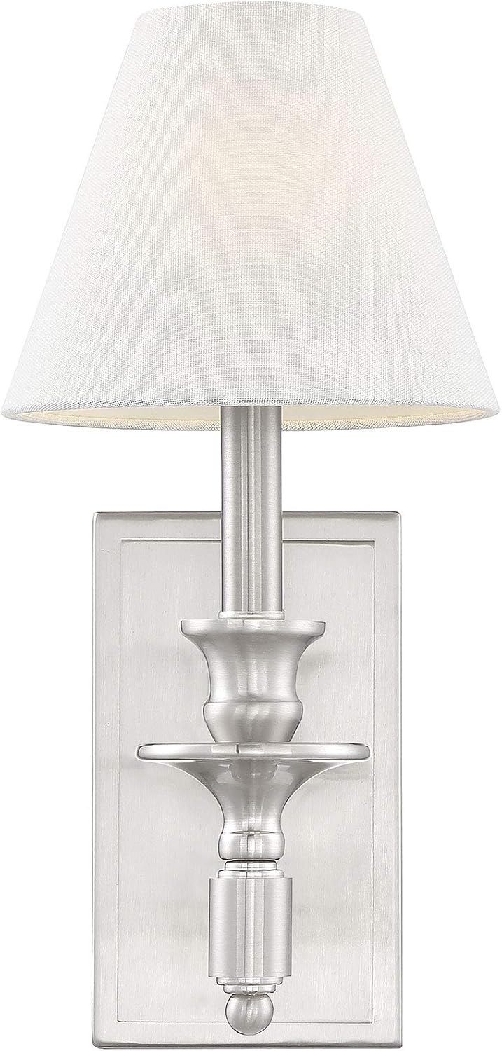 Savoy House 9-0700-1-SN Washburn Traditional Bohemian White Linen Wall Sconce, 1-Light 60 Watt, 15" H x 7" W, Satin Nickel