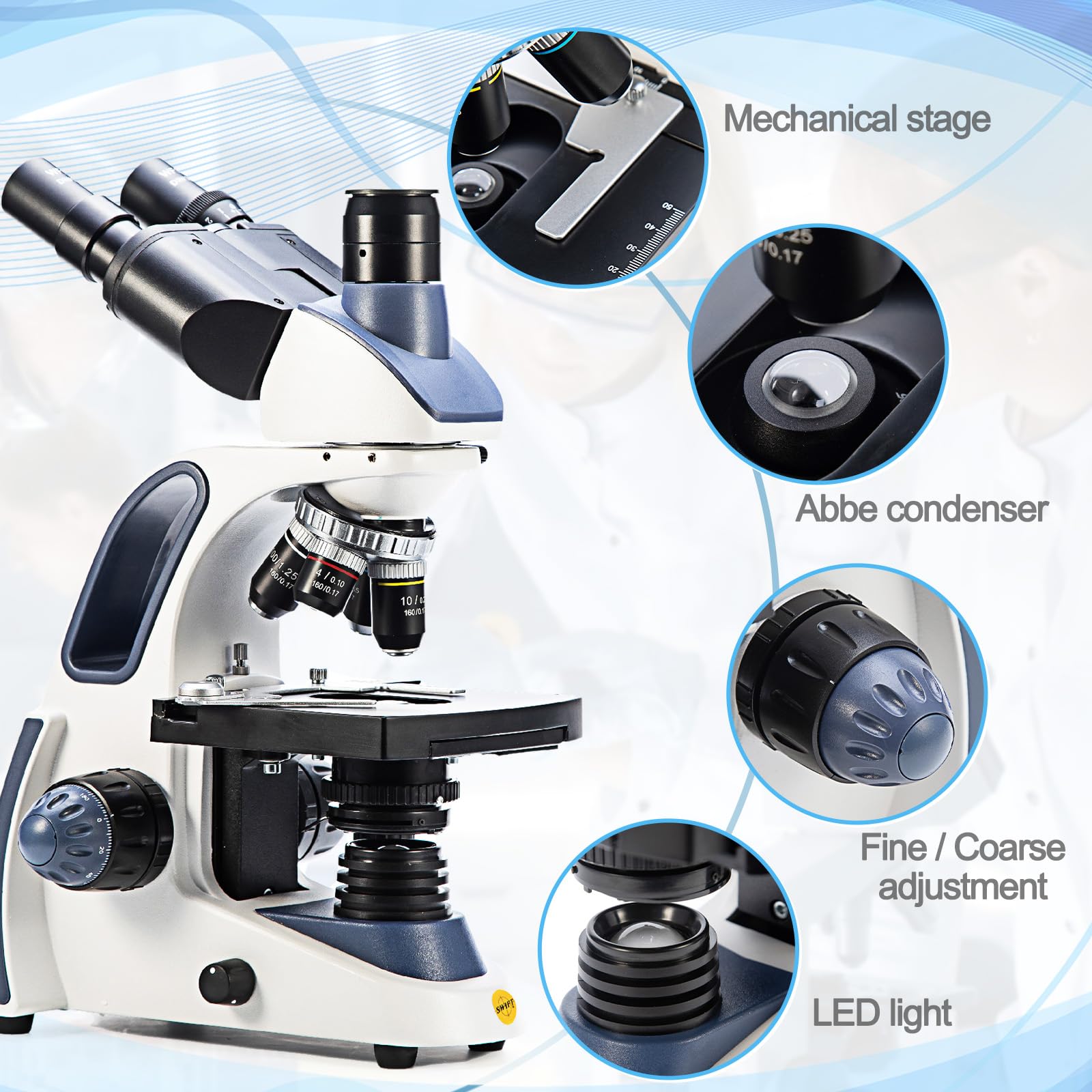 SWIFT Microscopio composto trinoculare SW380T, 40X-2500X, con fotocamera da 5 MP e diapositive, testa Siedentopf, grado di ricerca, stadio meccanico a due strati