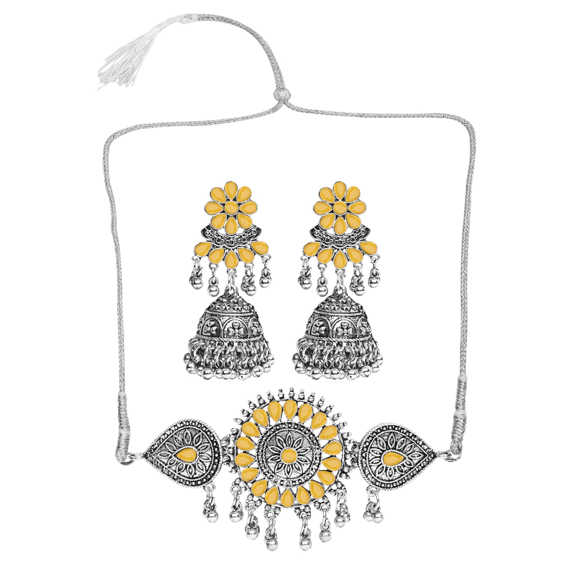 PUJVI Oxidised Choker Necklace Set with Black Stones and Jhumka Earrings for womens or girls. (Yellow) (B0DG5XLGXX) Amazon Price History, Amazon Price Tracker