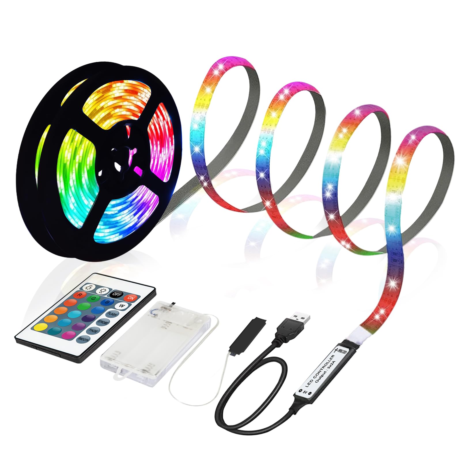 MUSUNIA Striscia LED a batteria, 2 m, RGB 5050, funzionamento a batteria o USB, dimmerabile, 16 colori, tagliabile per TV, decorazione per armadi, scale
