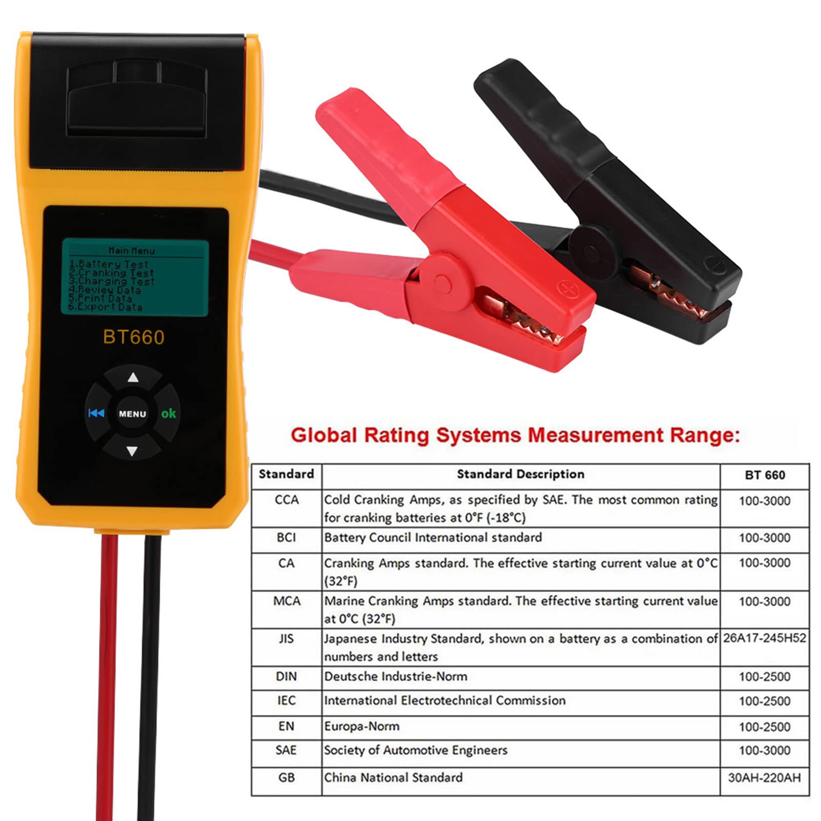 Cryfokt Tester Batteria Auto 12V, Analizzatore Batteria Digitale Auto con Stampante Integrata per Batterie Al Gel AGM Normali, Supporto Multilingue, capacità di Carico 100-3000 CCA