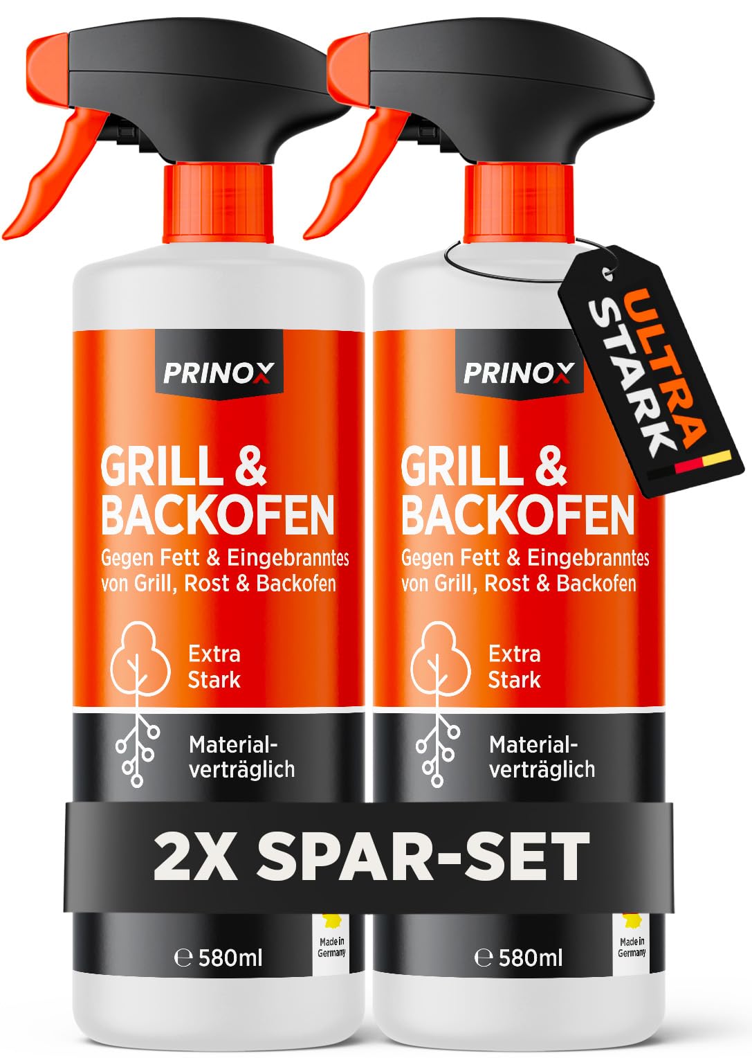 PRINOX Backofenreiniger & Grillreiniger extra stark - 2x 580ml - HAFT EFFEKT - Rauchharzentferner Entfernt stärkste Verschmutzungen und Rauchharz - Entwickelt & Hergestellt in DE