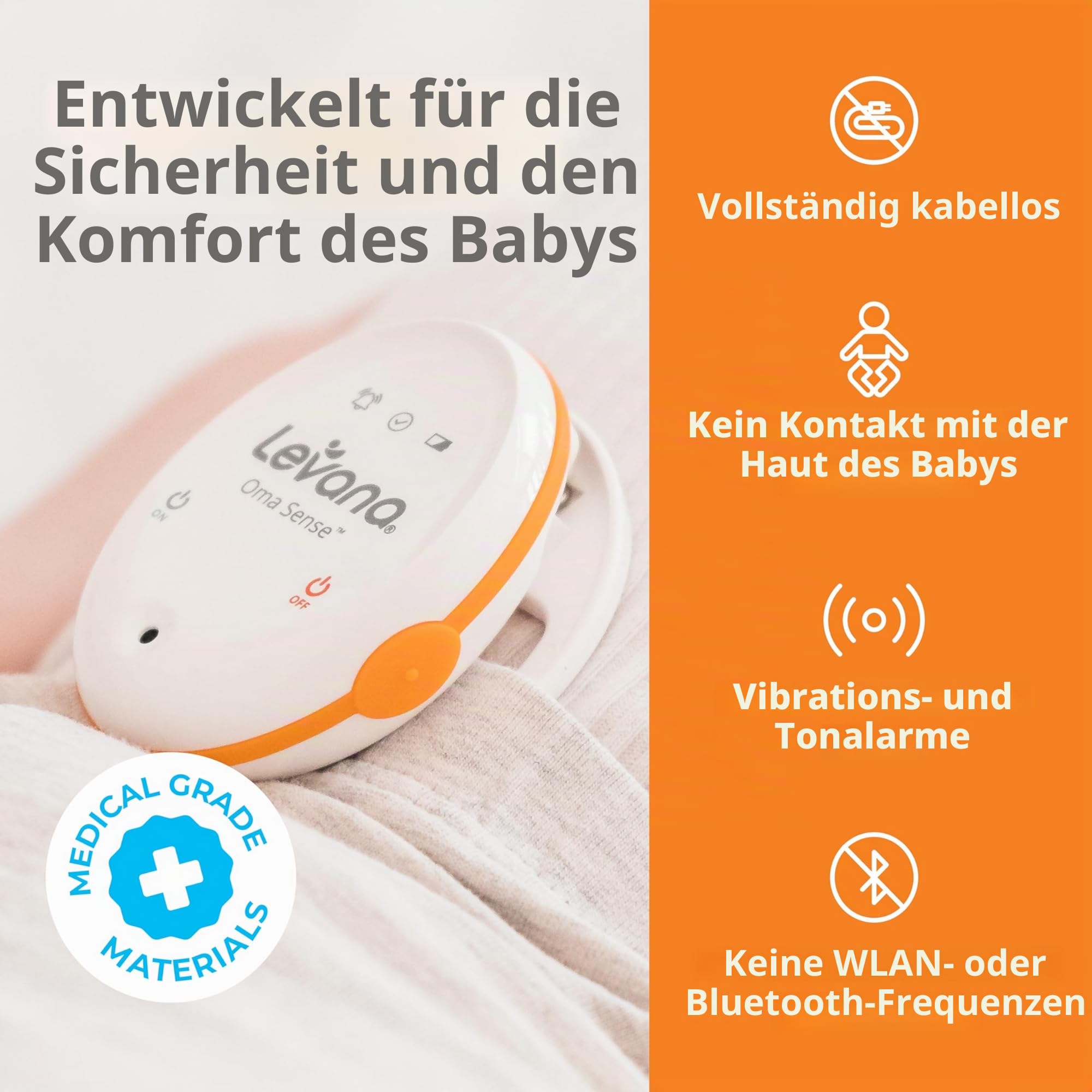 Levana Oma Sense, Biometrischer Monitor, Atmungsmonitor, Orange, Weiß