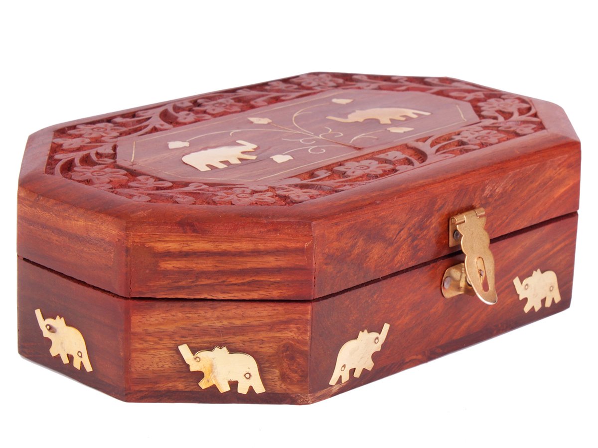 Store Indya Brass Christmas Gifts Majestic Wooden Jewellery Keepsake Storage Box Organiser Hand Carved Chest With Elephant Inlay