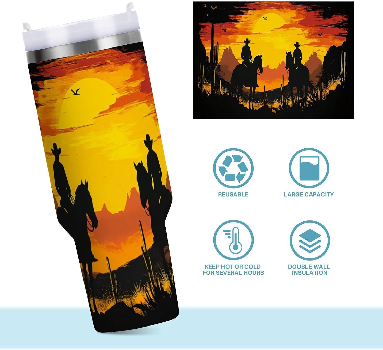 Qilmy 40oz Desert America Troops Cowboy Tumbler With Lid and Straw,Leak Proof Durable Stainless Steel Insulated Tumbler With Handle, Spill Proof Water Bottles for Travel632