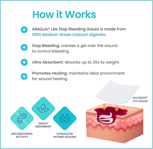 Miniatura 3 de Lite Stop Bleeding Vendaje  Vendaje de alginato de calcio para heridas (cuadrado grande de 2 pulgadas), vendaje adhesivo de gasa hemostática de