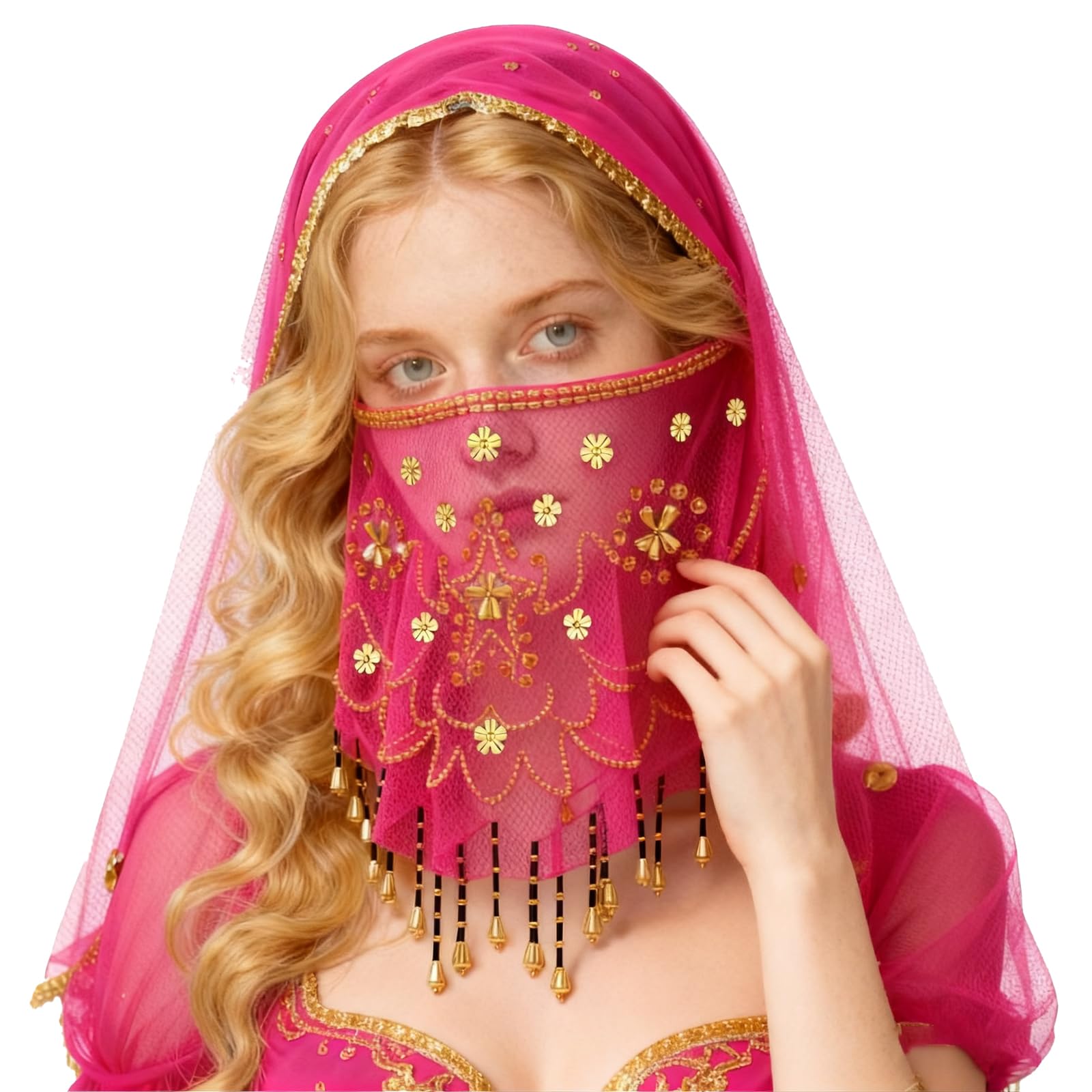 Baisdan Belly Dance Face Veil with Beads Sequins Cosplay Halloween Carnival Costume Accessory