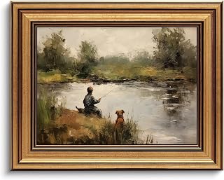 Devunaty Gold Framed Vintage Wall Art Boy Fishing Wall Decor Paintings Funny Dog and Boy Landscape Canvas Print Picture Retro Country Farmhouse Artwork for Kids Bedroom Living Room Decor 9"x11"