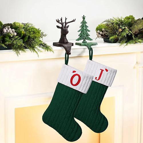 Miniatura 4 de Yehnois Calcetines de Navidad con monograma de punto verde de 19.5 pulgadas, medias de Navidad con inicial personalizadas, decoración de fiesta de