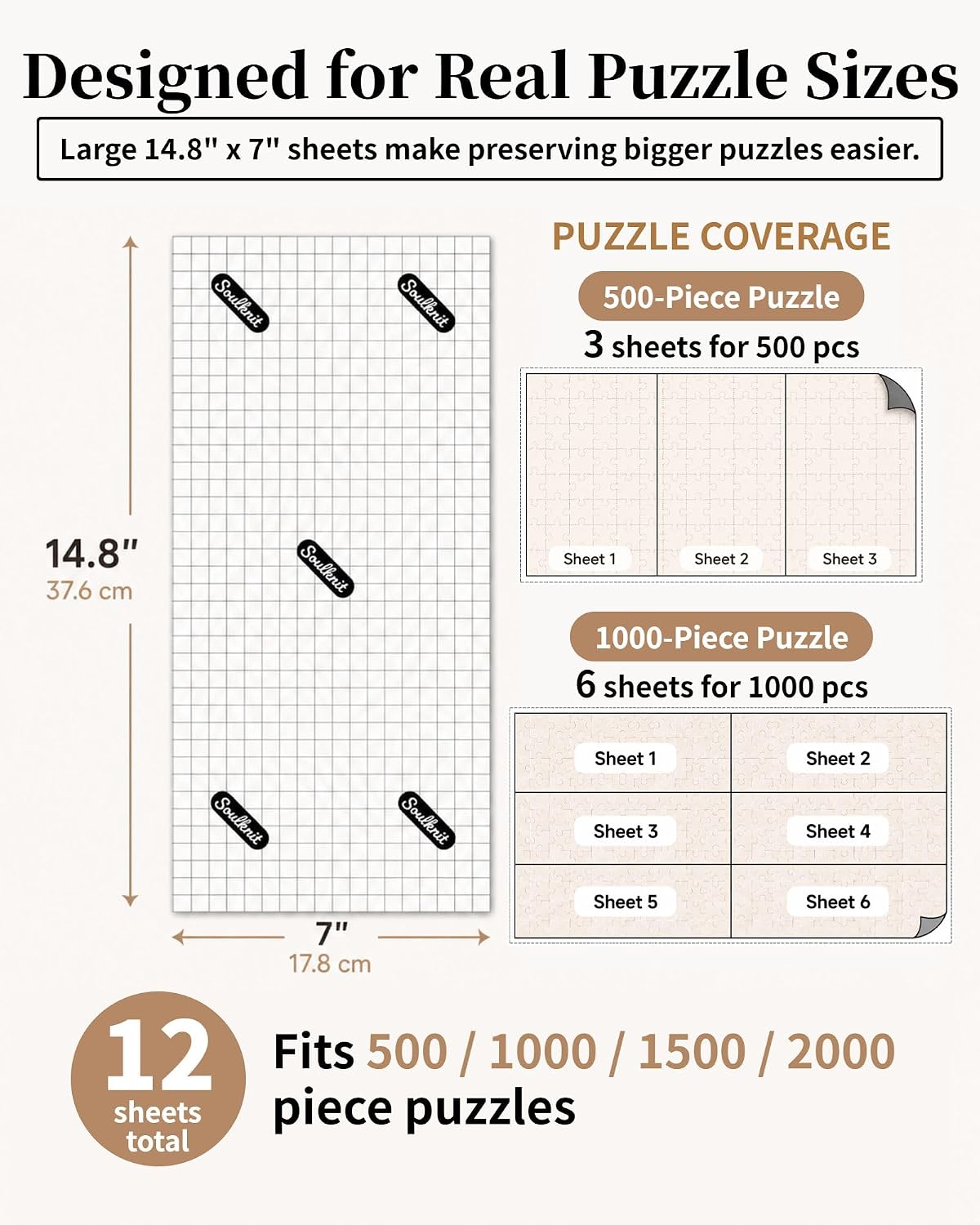Puzzle Saver Sheets, 12 Self-Adhesive Puzzle Glue Sheets for 500, 1000 and 1500 Piece Jigsaw Puzzles, 14.8 x 7 Inch with Pre-Cut Grid Lines, Easy-Release Backing, No Mess Display Kit