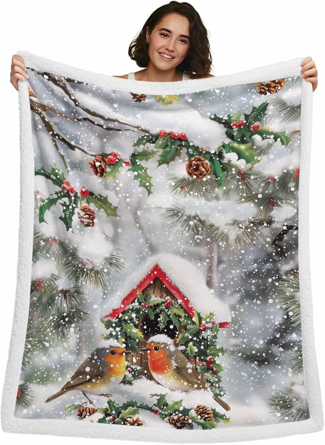 Christmas Sherpa Fleece Throw Blanket- Bird House Holly Berry Xmas Tree Super Soft Blankets Warm Fluffy Plush Throws for Bed Couch Sofa 60x80 Inches