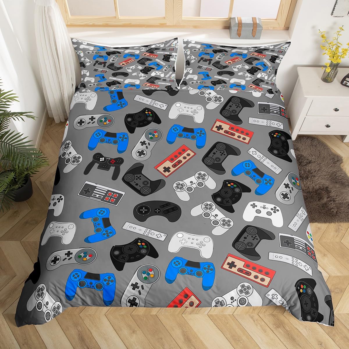 Loussiesd Boys Multicoloured 7 Gamepad Comforter Cover Set Console Gamer Bedding Set For Kids Video Game Gamepad Duvet Cover Novelty Modern Game Controller Bedspread Cover,Room Decor 2Pcs Bedding Single Size