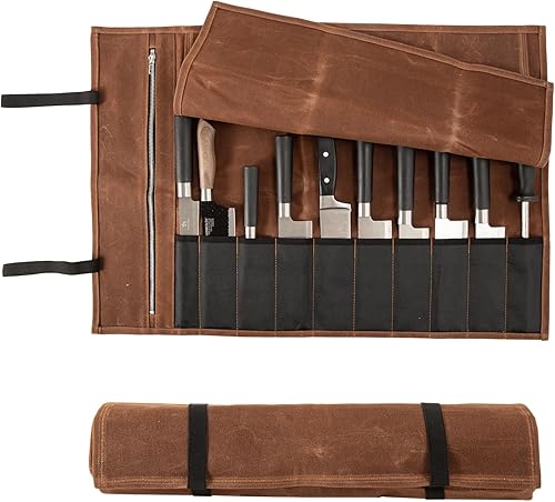 Bolsa enrollable para cuchillos de chef, bolsa de lona encerada, portátil con 10 ranuras para cuchillos de chef con 1 bolsillo con cremallera, puede